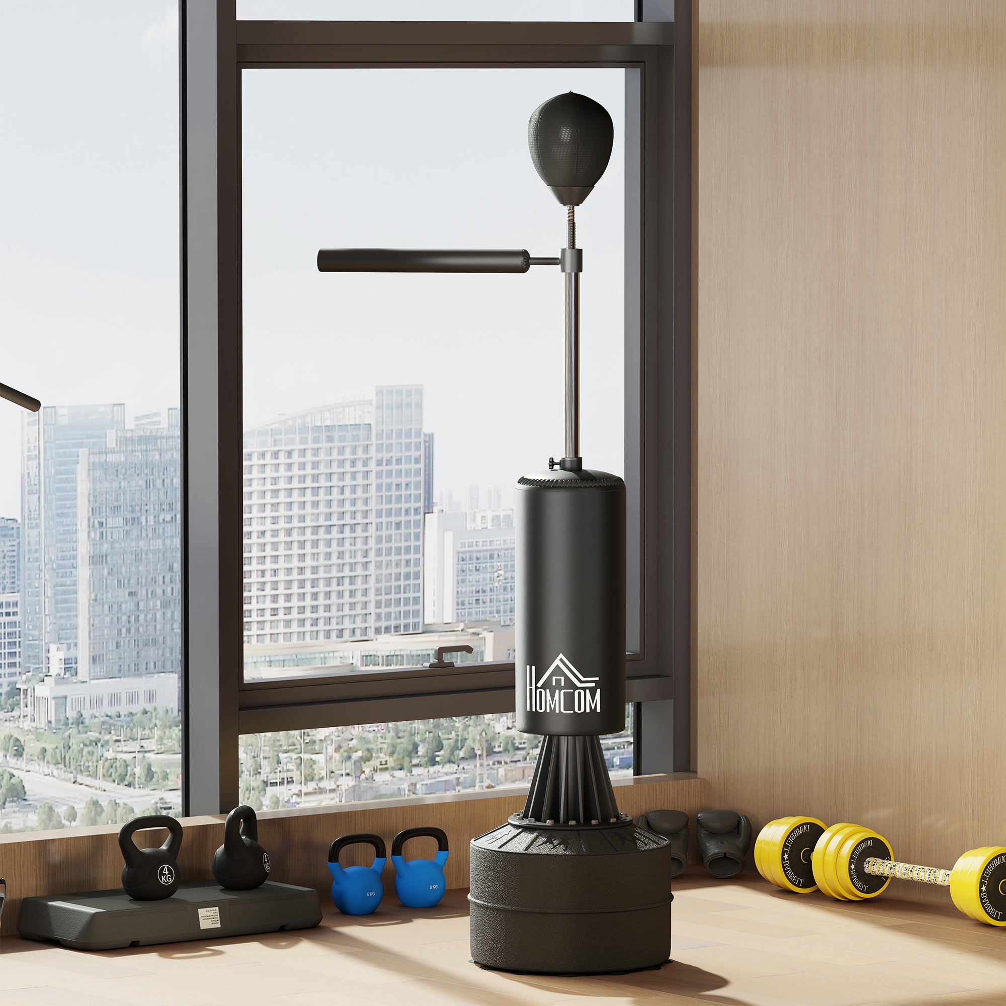 HOMCOM 155-205cm 3-IN-1 Freestanding Boxing Punching Bag Stand, Boxing Speed Trainer with Rotating Flexible Arm, Speed Ball, Fillable Base, Black - North Peak Garden Furniture