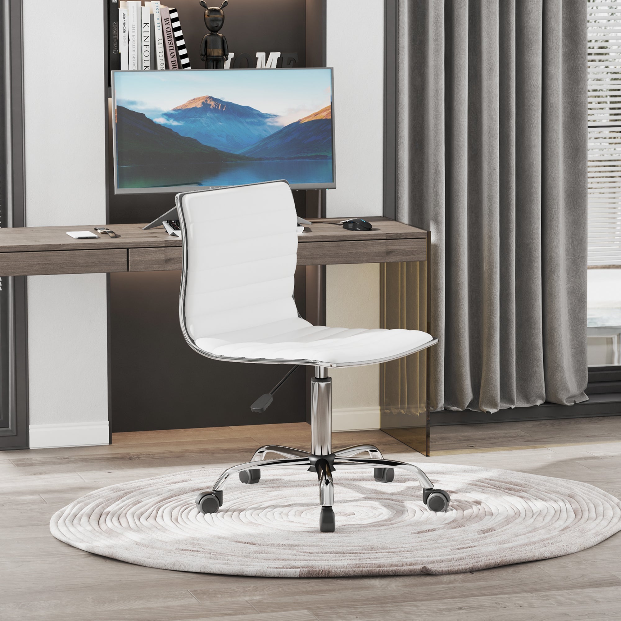HOMCOM Adjustable Swivel Office Chair with Armless Mid-Back in PU Leather and Chrome Base - White - North Peak Garden Furniture