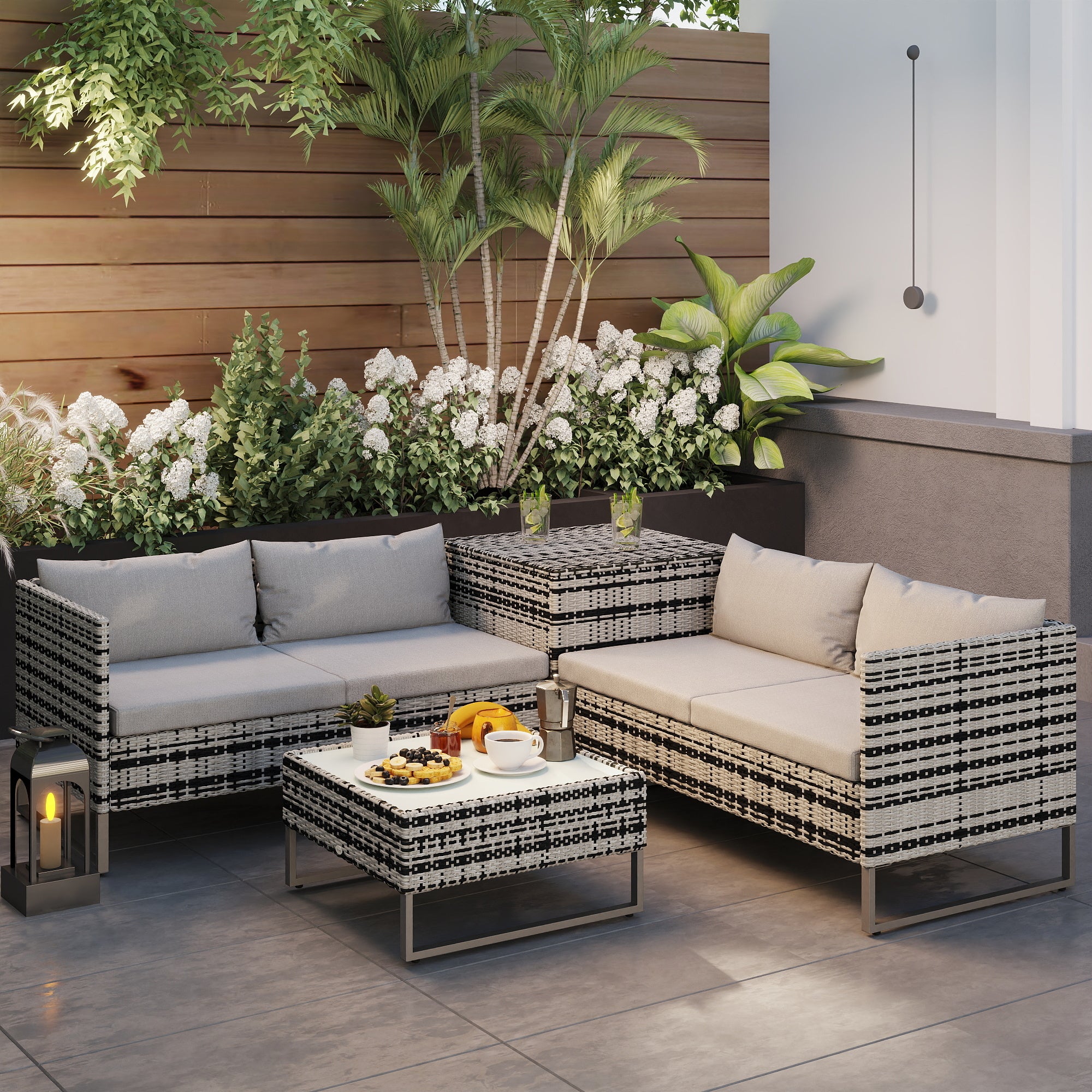 Outsunny 4pc Garden Rattan Wicker Outdoor Furniture Patio Corner Sofa Love Seat and Table Set with Cushions Side Desk Storage, Mixed Grey
