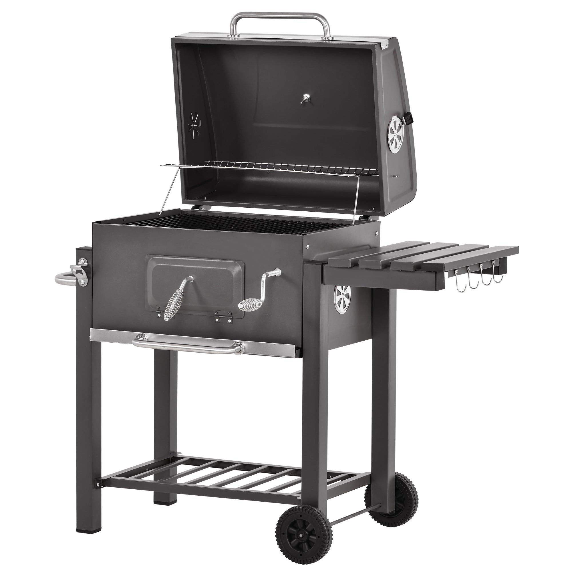 Outsunny Charcoal Grill BBQ Trolley with Adjustable Charcoal Grate, Garden Metal Smoker Barbecue with Shelf, Side Table, Wheels, Built-in Thermometer, Bottle Opener - North Peak Garden Furniture