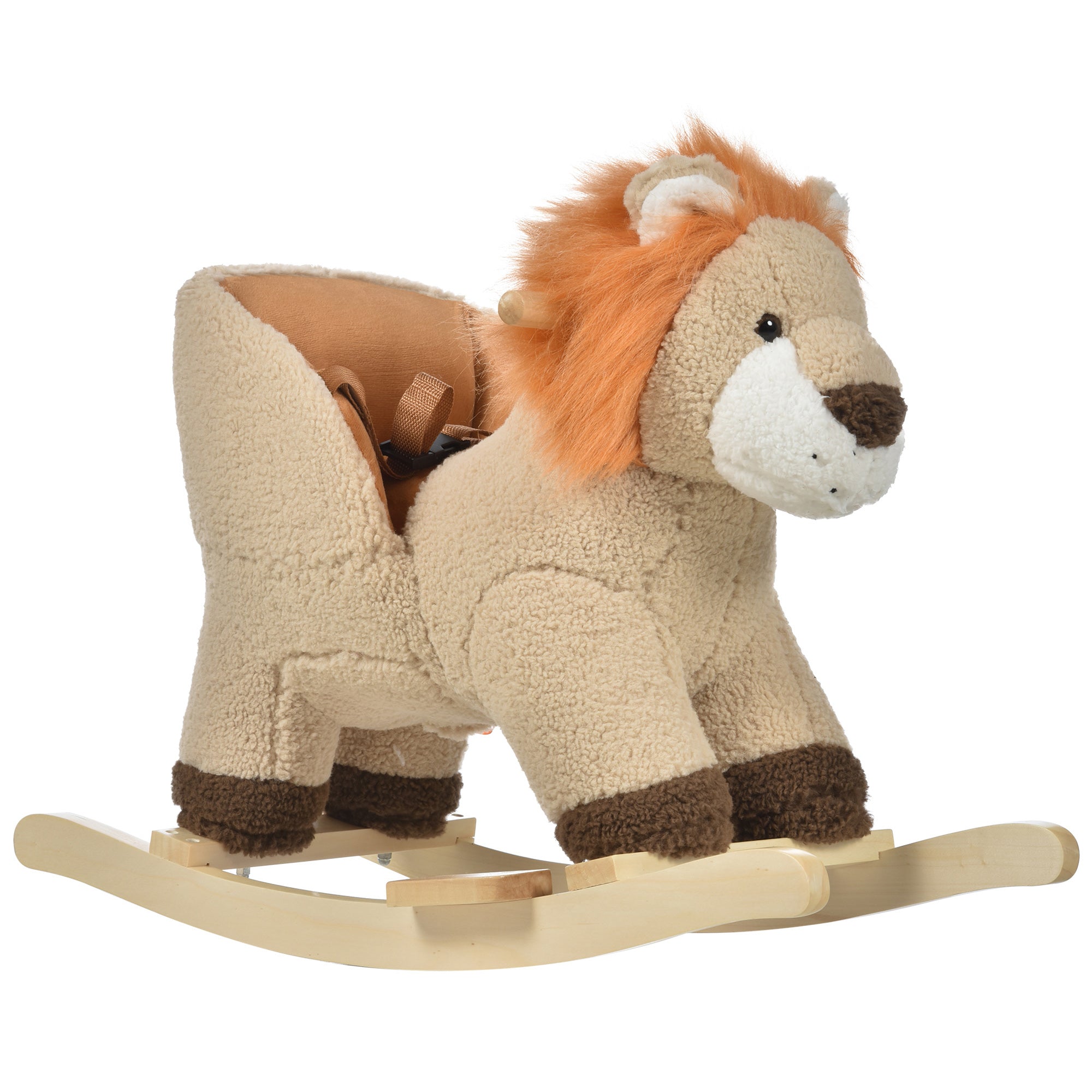 HOMCOM Kids Children Rocking Horse Plush Ride On Lion Seat w/ Sound Wood Base Seat Safety Belt Toddler Baby Toy for 18-36 Months Brown - North Peak Garden Furniture