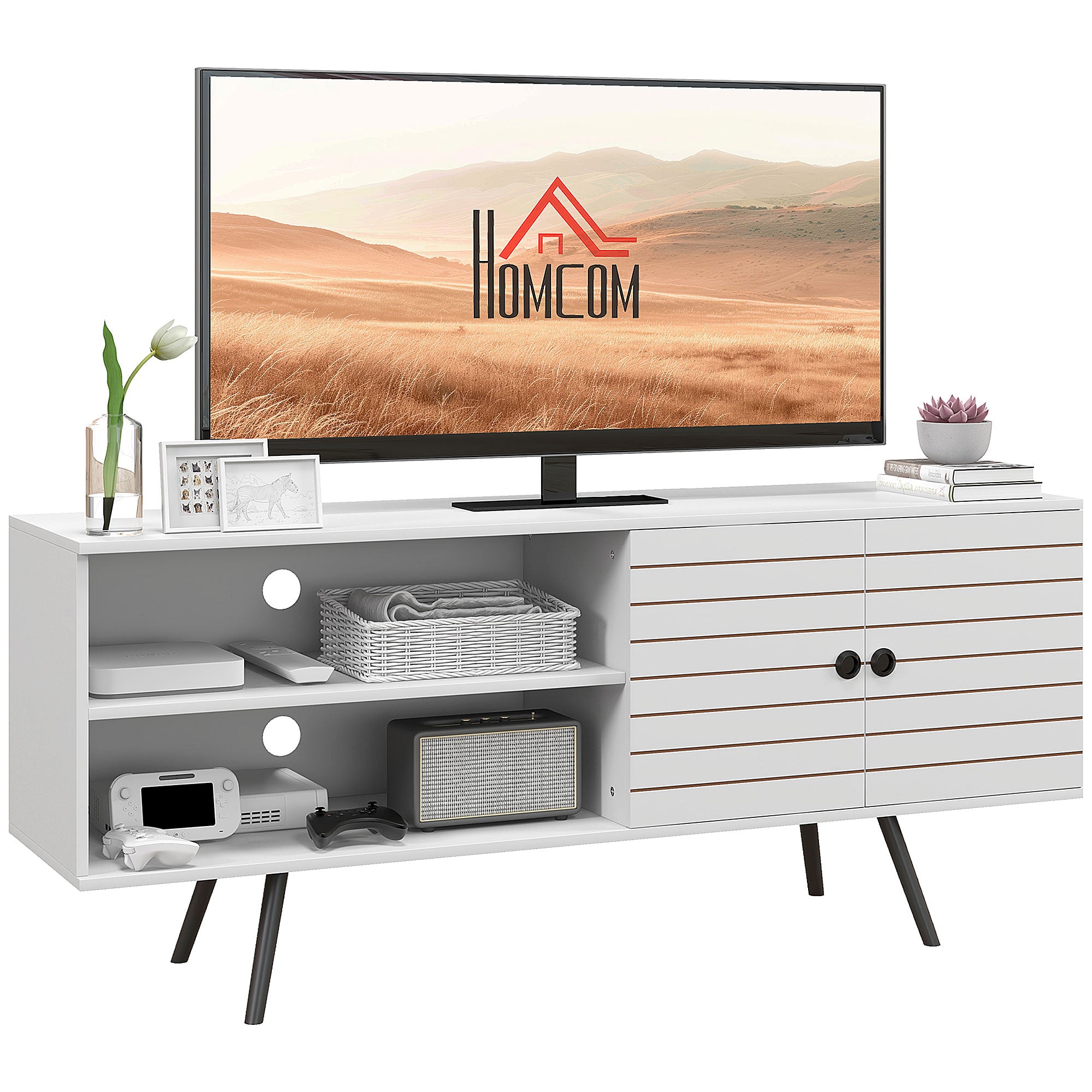 HOMCOM Duo Storage TV Unit, with Striped Door - White - North Peak Garden Furniture