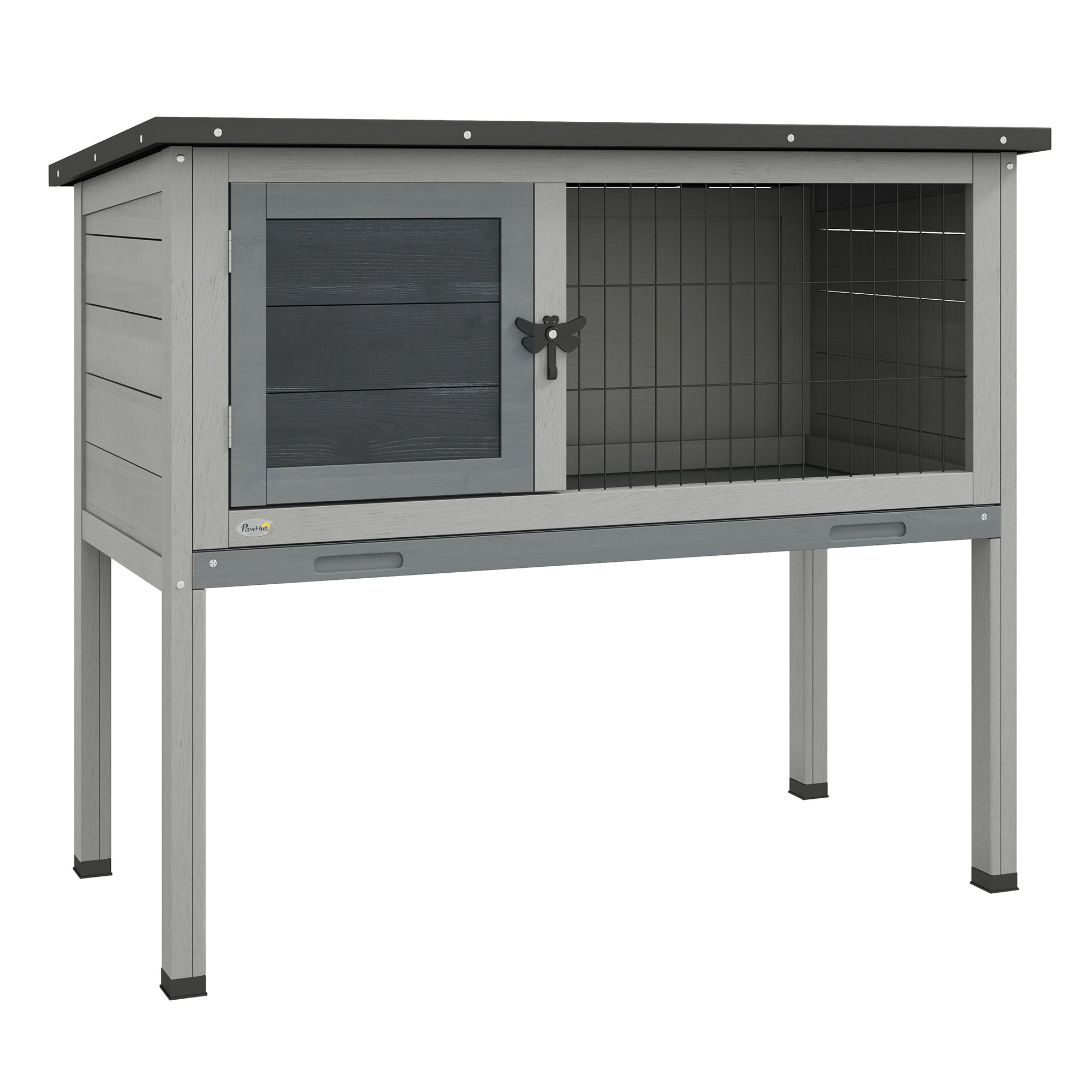 PawHut Wooden Guinea Pig Hutch, Small Animal Cage with Slide-out Tray, Openable Asphalt Roof, 84 x 43 x 70cm, Grey - North Peak Garden Furniture