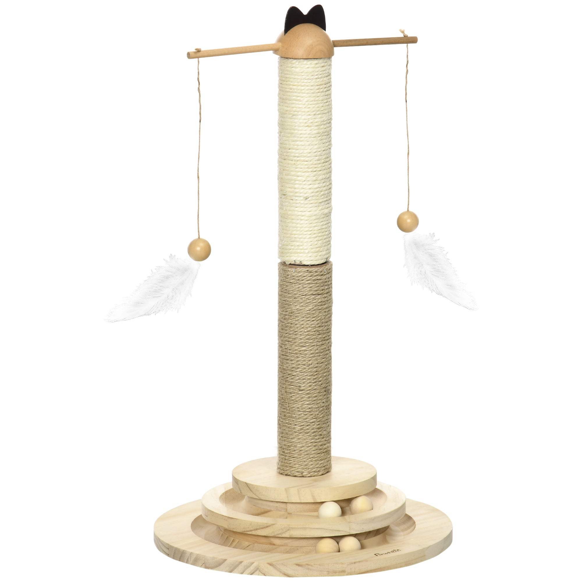 PawHut Cat Tree, with Scratching Post, Turntable Toy Ball - Natural Finish - North Peak Garden Furniture