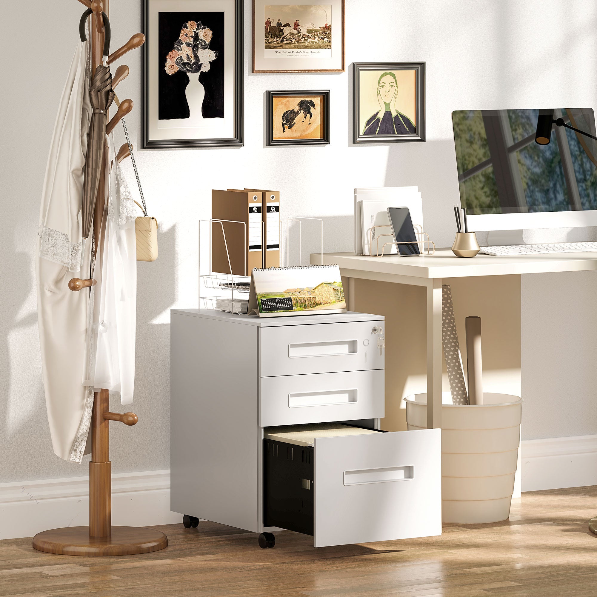 Vinsetto Metal Mobile File Cabinet with Wheels, Lockable 3 Drawer Filing Cabinet for A4, Legal, Letter, Under Desk Storage Unit with Pre-Assembled Body for Home Office, 39 x 48 x 60cm, White - North Peak Garden Furniture