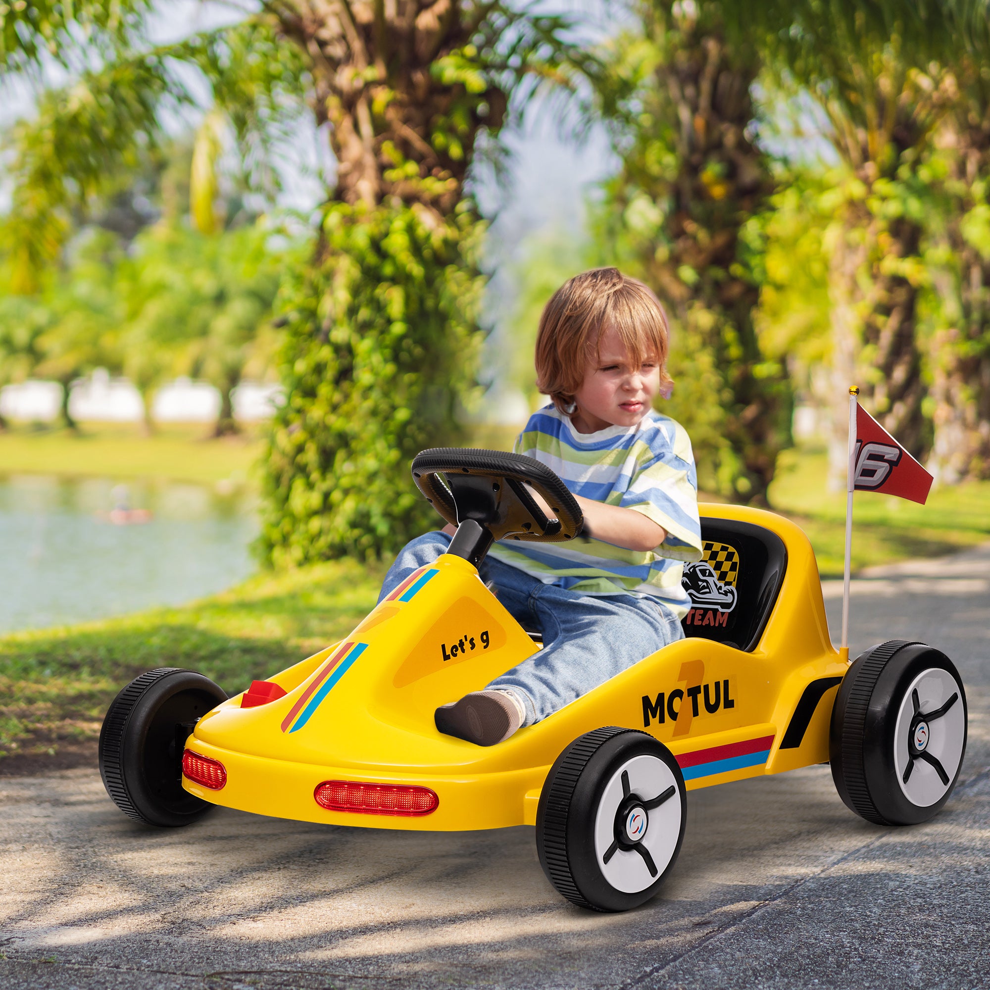 AIYAPLAY 6V Electric Go Kart for Kids with Music, Light, Horn, for 3-5 Years, Yellow - North Peak Garden Furniture