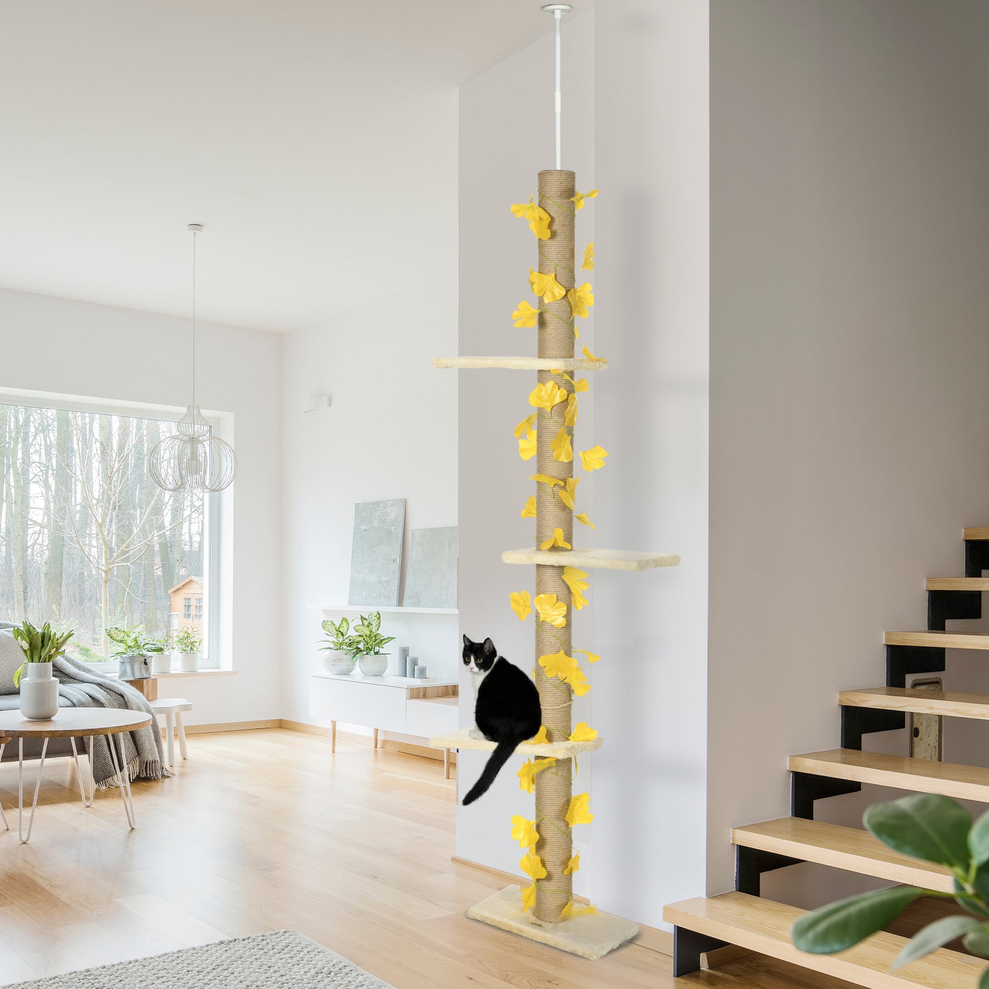 PawHut 242cm Adjustable Floor-To-Ceiling Cat Tree, with Artificial Decoration, Perches, Anti-Slip Kit - Yellow - North Peak Garden Furniture
