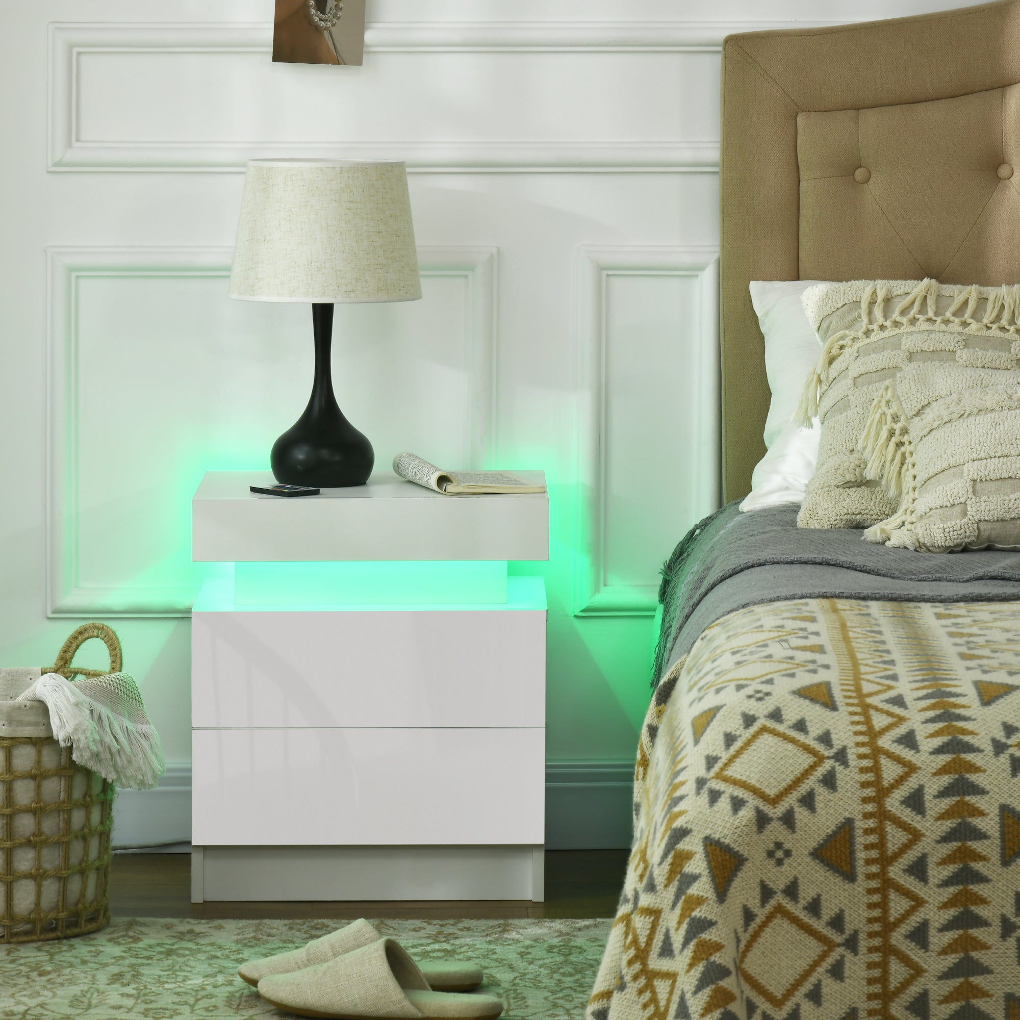 HOMCOM White Bedside Table with LED Light, High Gloss Front Nightstand with 2 Drawers, for Living Room, Bedroom - North Peak Garden Furniture