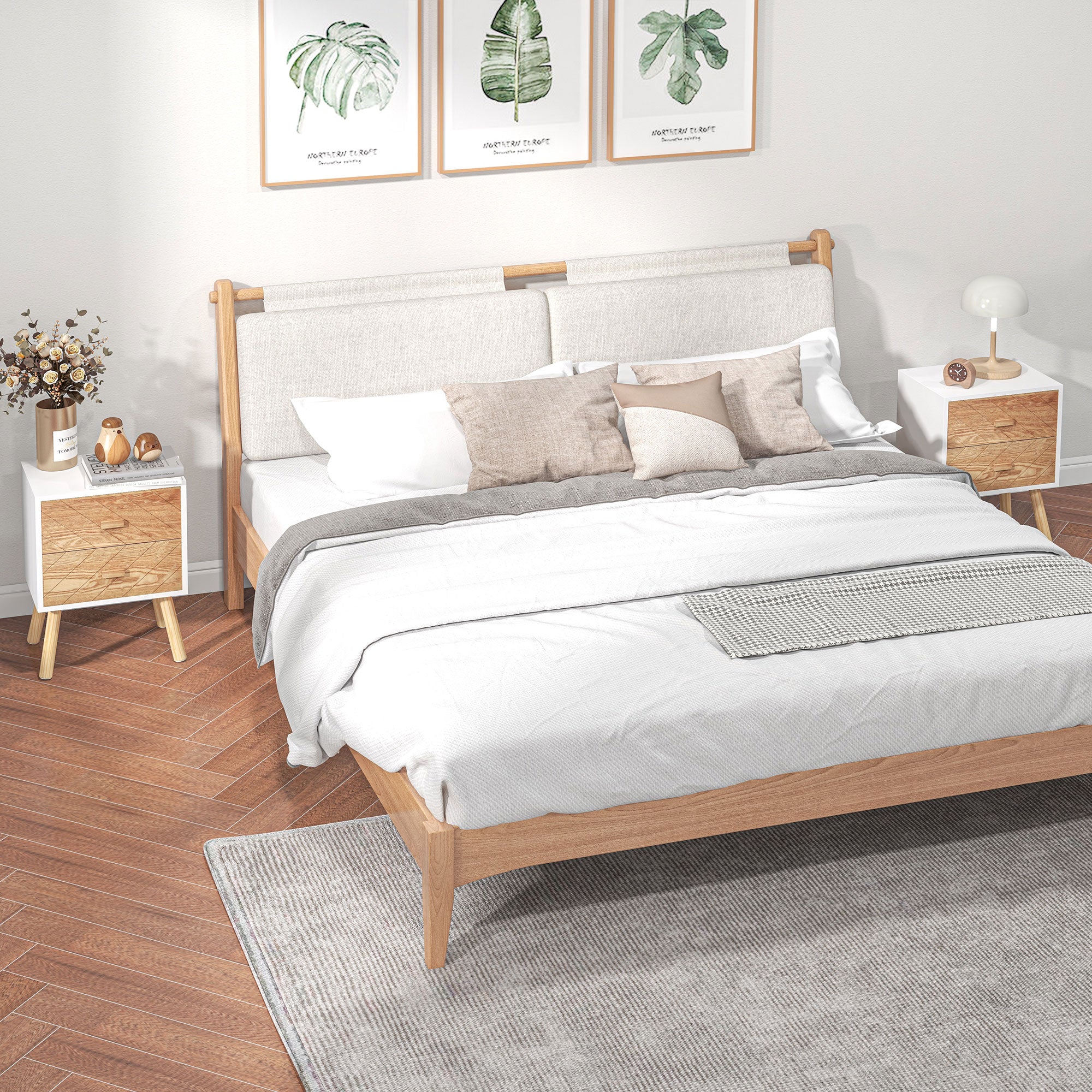 HOMCOM 2 Drawers Bedside Table with Pine Legs, Bedroom Wooden Storage Cabinet, Set of 2, Natural - North Peak Garden Furniture