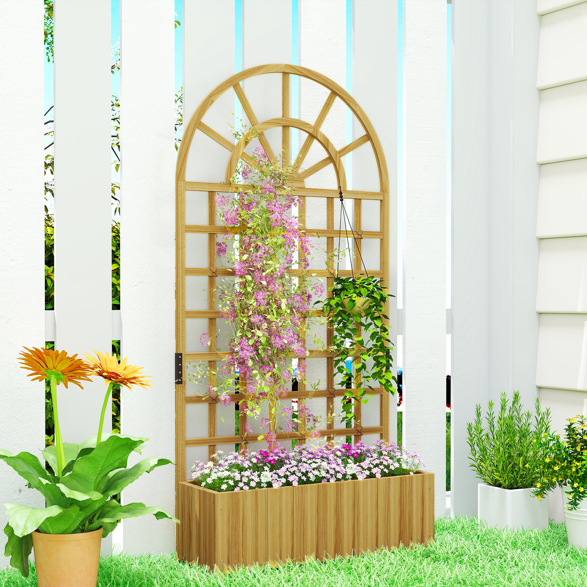 Outsunny Wooden Raised Planter with Trellis, Raised Bed for Garden with Lattice and Drainage Holes for Climbing Plants