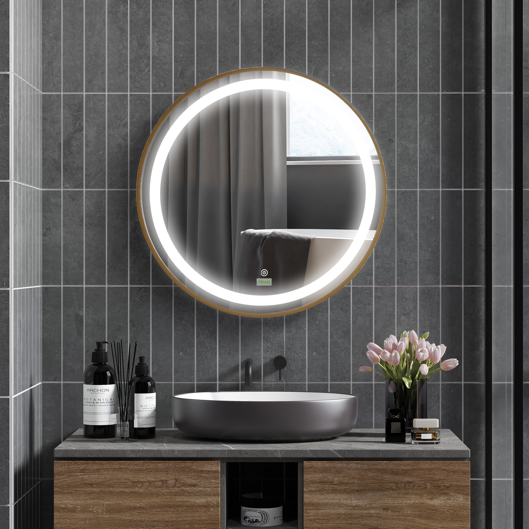kleankin Round LED Bathroom Mirror, Dimmable Lighted Wall Mount Mirror with 3 Colours, Time Display, Memory Function, Hardwired - North Peak Garden Furniture