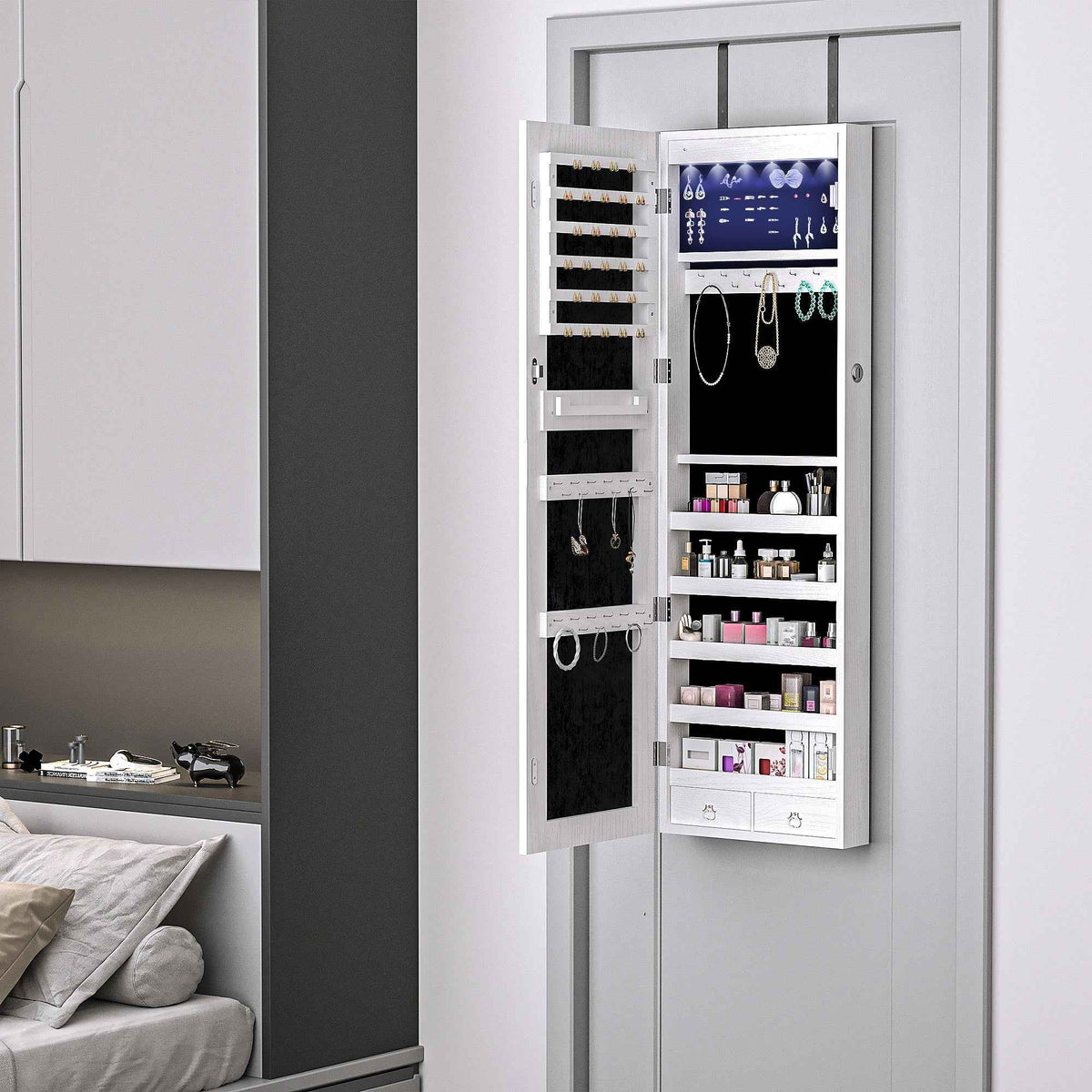 HOMCOM Jewelry Cabinet with Mirror and LED Lights, Lockable Makeup Cosmetics Jewellery Organiser, Mirror with Storage for Bedroom Dressing Room, White