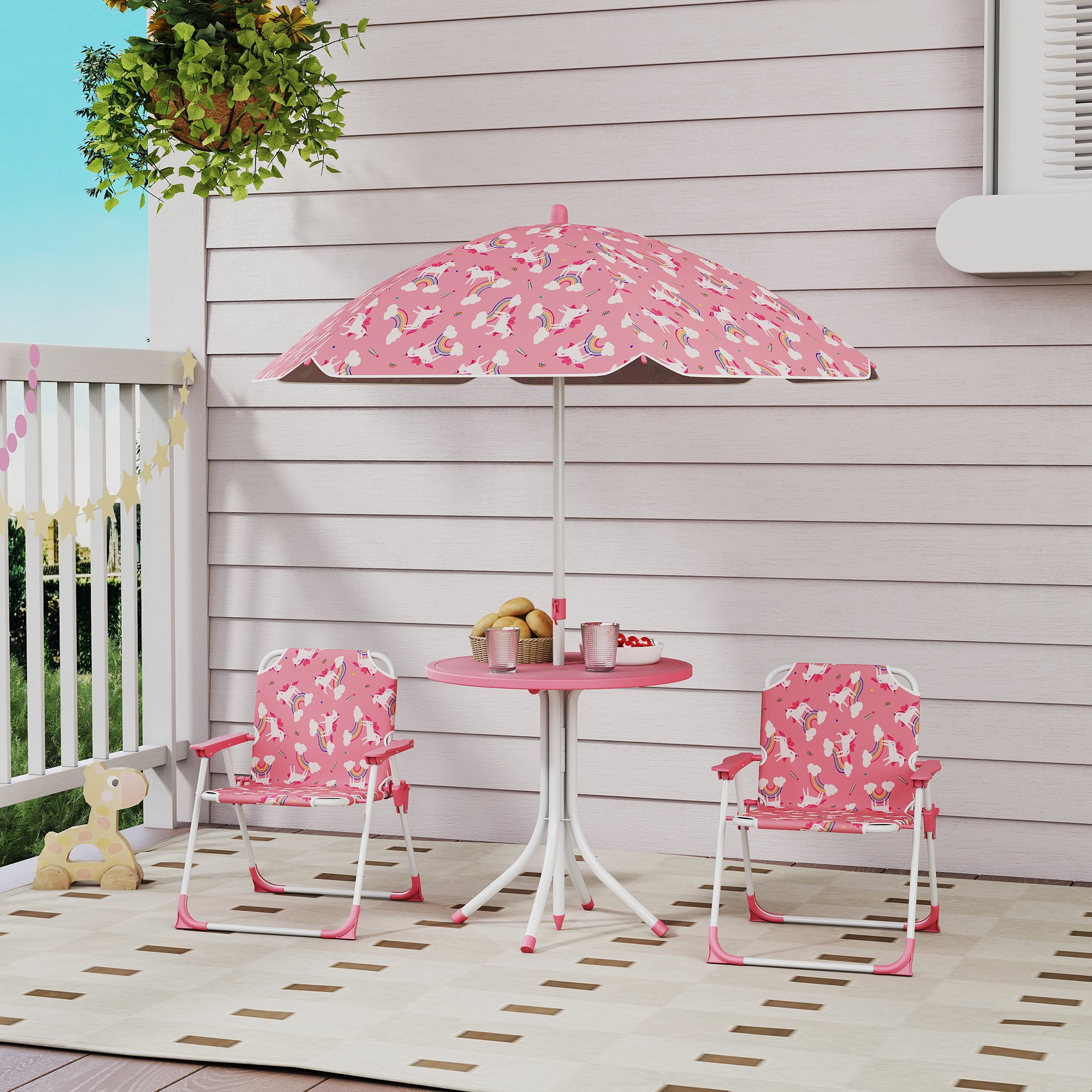 AIYAPLAY Kids Patio Table and Chair Set, Kids Garden Furniture with Umbrella, 4-Piece Bistro Set for Garden, Pink