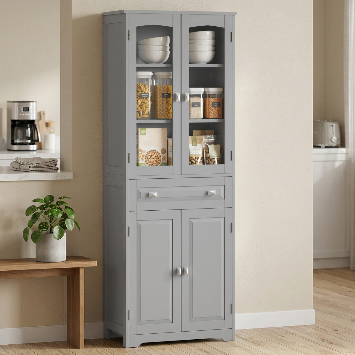 HOMCOM Freestanding Kitchen Cupboard, Storage Cabinet with 2 Adjustable Shelves, Drawer and Glass Door for Living Room, Grey