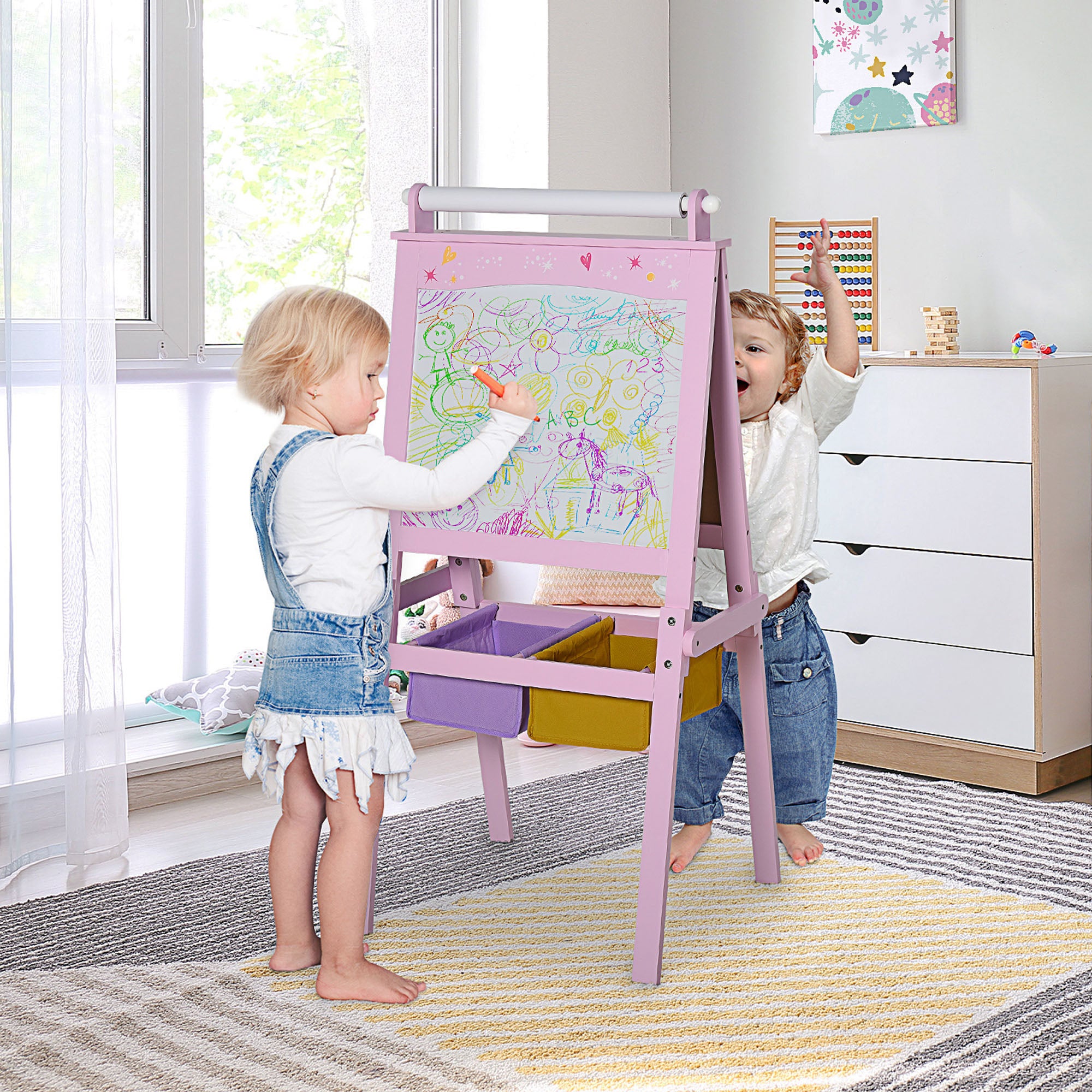 HOMCOM Kids Easel 3 in 1 Wooden Art Easel with Paper Roll Double-Sided Chalkboard & Whiteboard with Storage Baskets for Toddler Girls, Pink - North Peak Garden Furniture