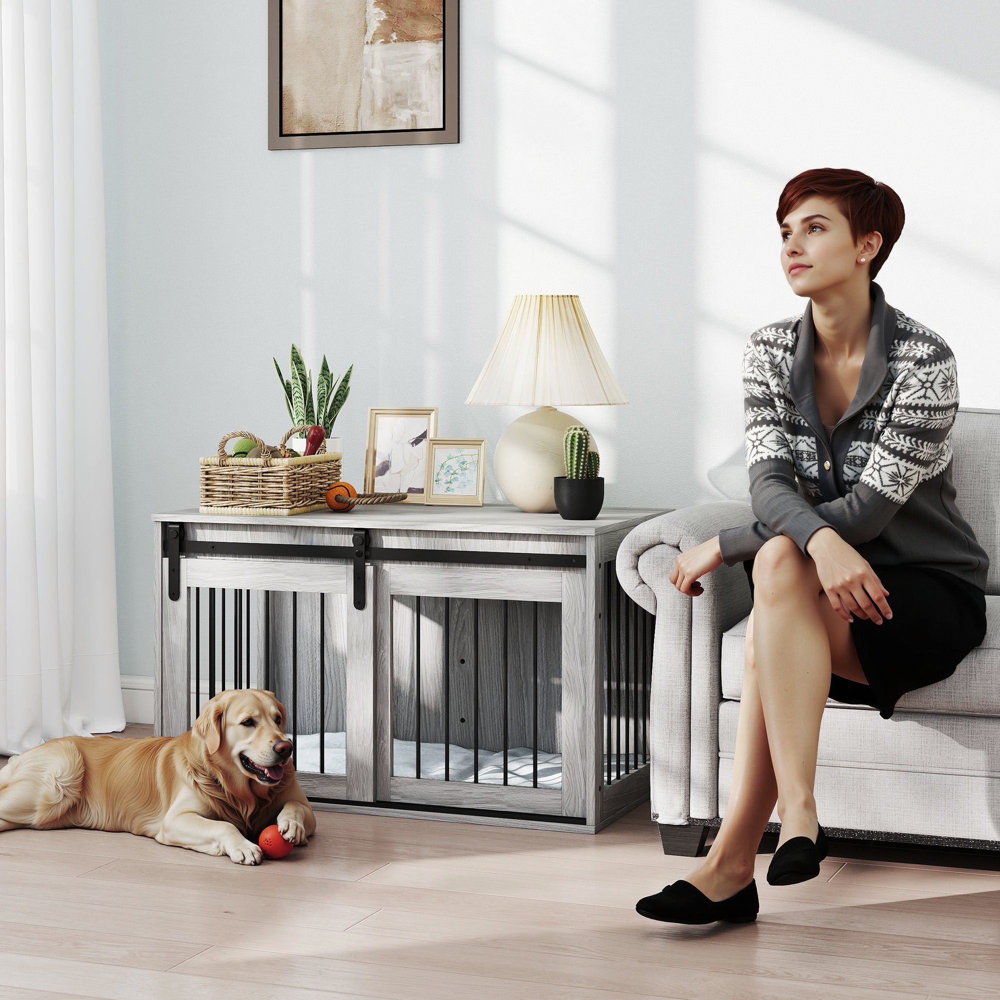 PawHut 98cm Dog Crate Furniture with Removable Cushion for Large Dogs - Grey - North Peak Garden Furniture