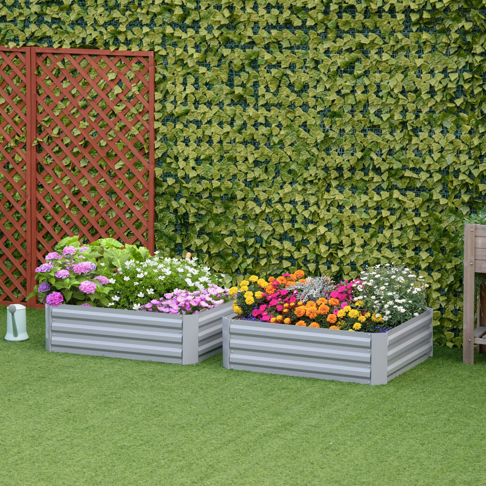 Outsunny Set of 2 291L Raised Garden Bed, Elevated Galvanised Planter Box for Flowers, Herbs, 100x100x30cm, Grey - North Peak Garden Furniture