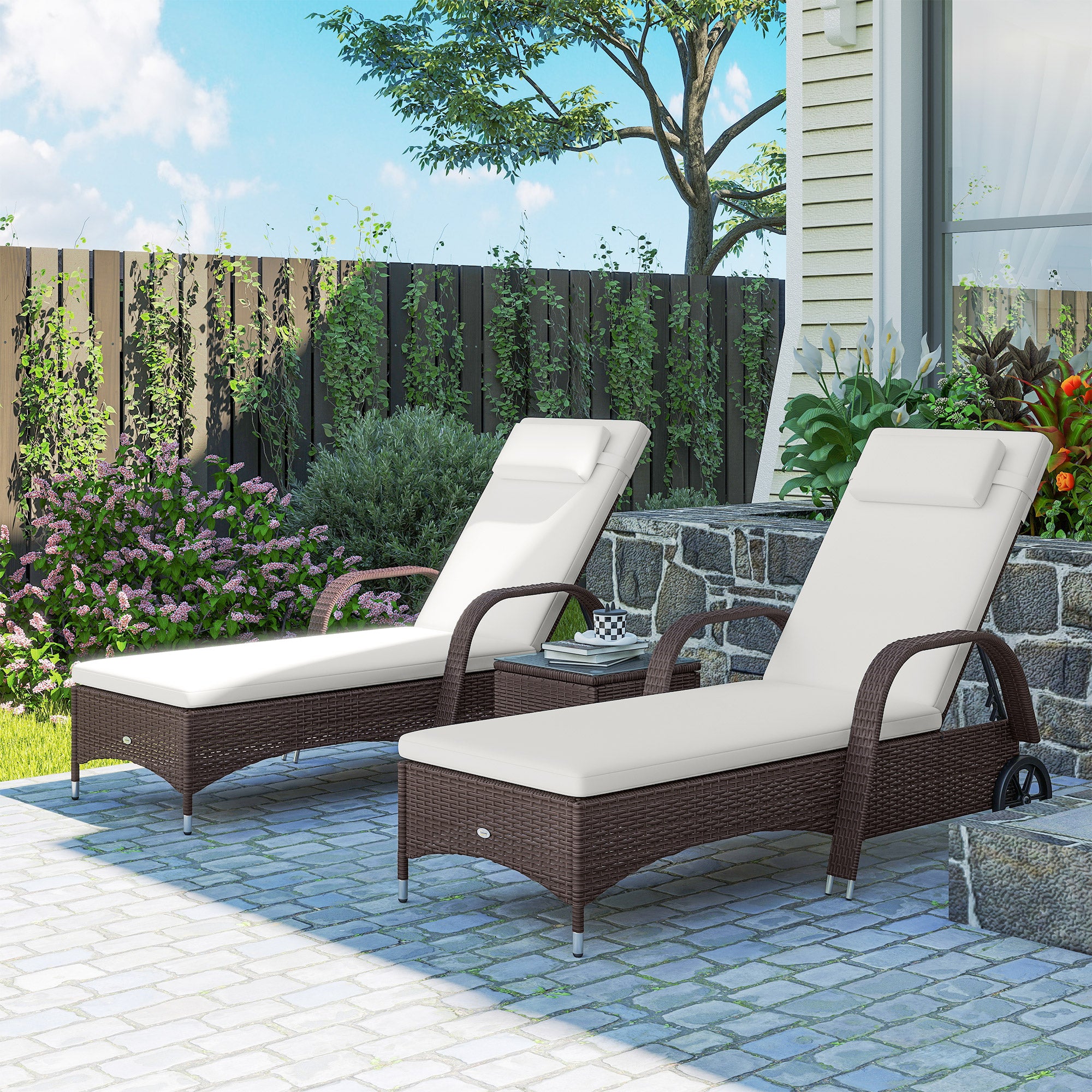 Outsunny 3 Pieces PE Rattan Patio Lounge Chair Set, Outdoor Recliner Lounge Chairs with Wheels, for Outside with Cushions, Headrest, Coffee Table for Garden, Poolside, Brown