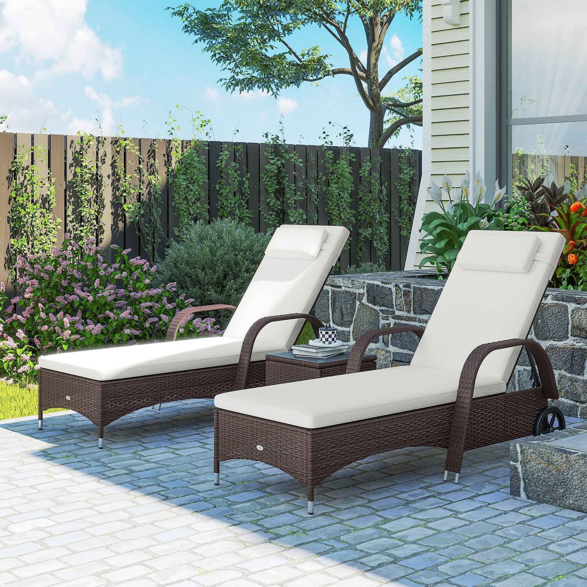 Outsunny 3 Pieces PE Rattan Patio Lounge Chair Set, Outdoor Recliner Lounge Chairs with Wheels, for Outside with Cushions, Headrest, Coffee Table for Garden, Poolside, Brown