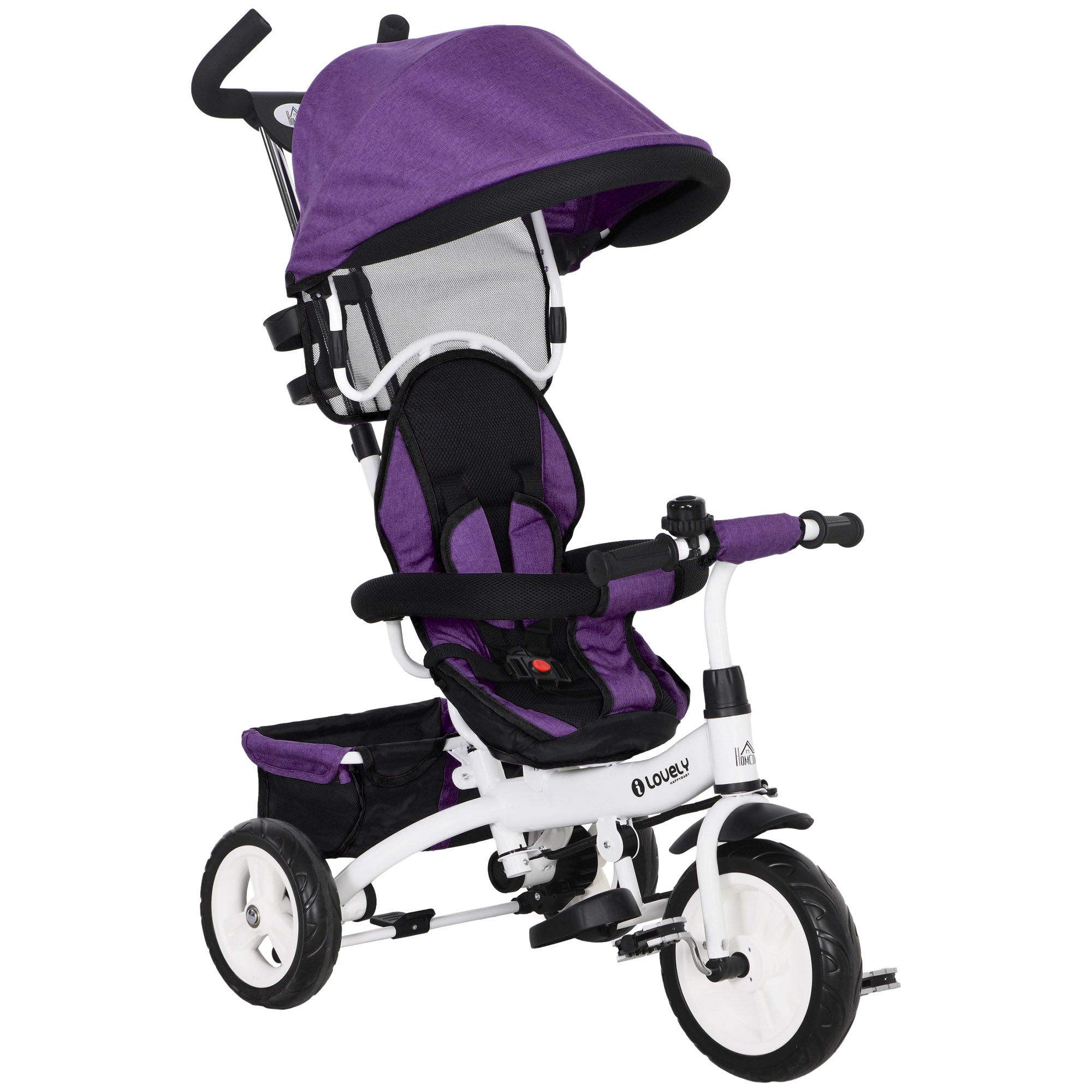 HOMCOM 6 in 1 Kids Trike Push Bike w/ Push Handle, Canopy, 5-point Safety Belt, Storage, Footrest, Brake, for 1-5 Years, Purple - North Peak Garden Furniture