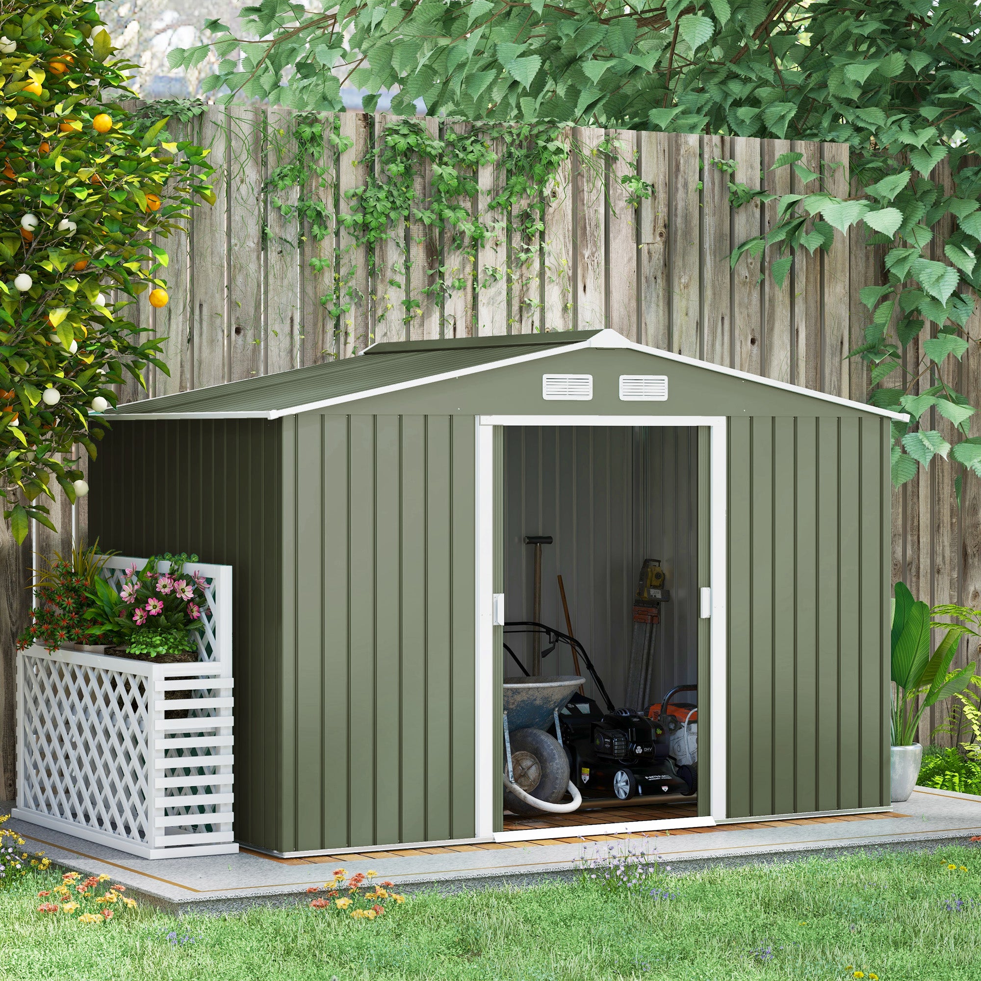 Outsunny 9 x 6ft Metal Garden Shed, Outdoor Storage Tool House with Ventilation Slots, Foundation Kit and Lockable Double Doors, Light Green - North Peak Garden Furniture