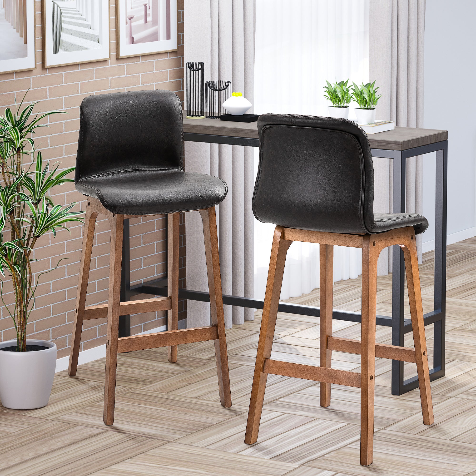 HOMCOM Modern Bar Stools Set of 2, PU Leather Upholstered Bar Chairs with Wooden Frame, Footrest for Home Bar, Dining Room - North Peak Garden Furniture