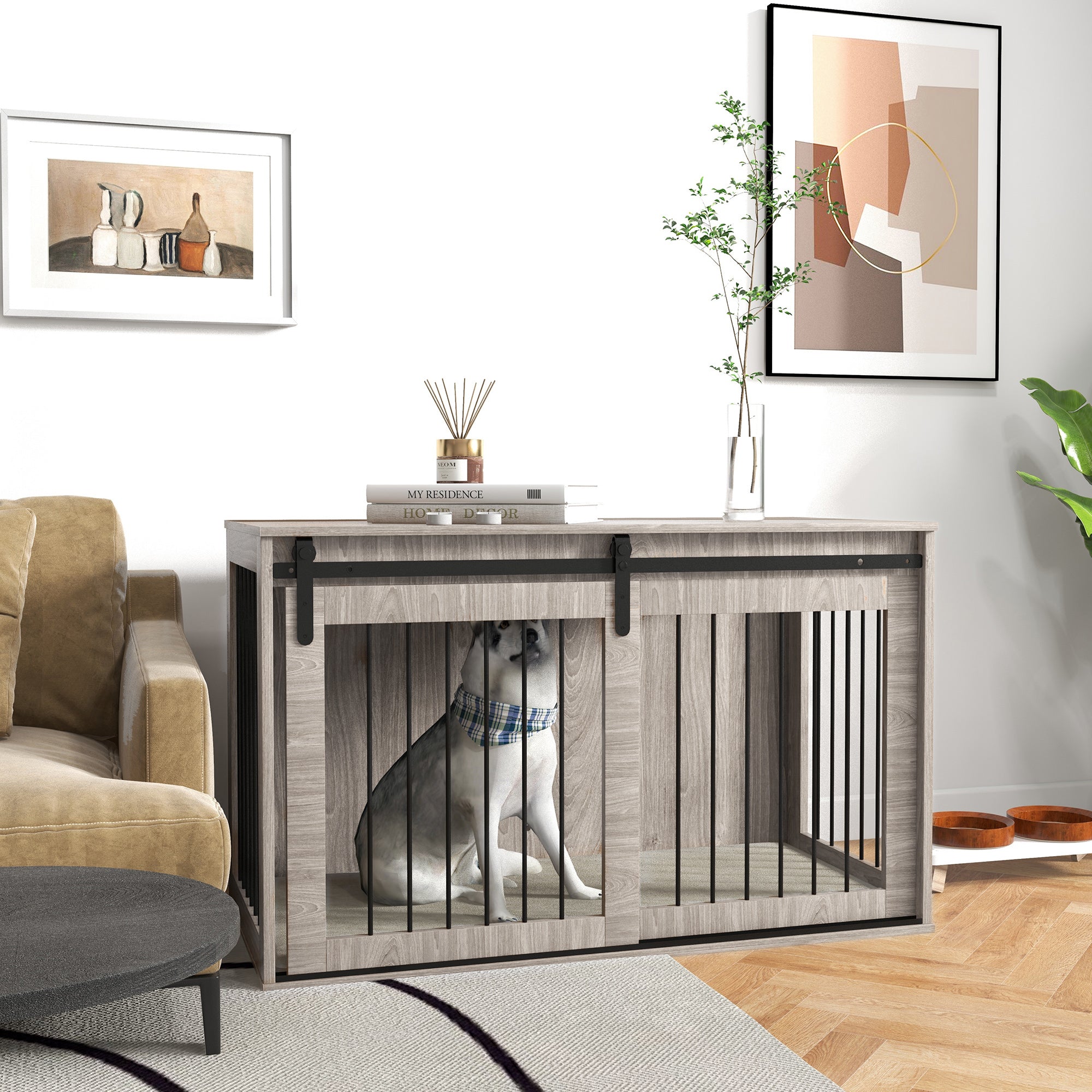 PawHut 118cm Dog Crate Furniture with Removable Cushion for Extra Large Dogs - Brown - North Peak Garden Furniture