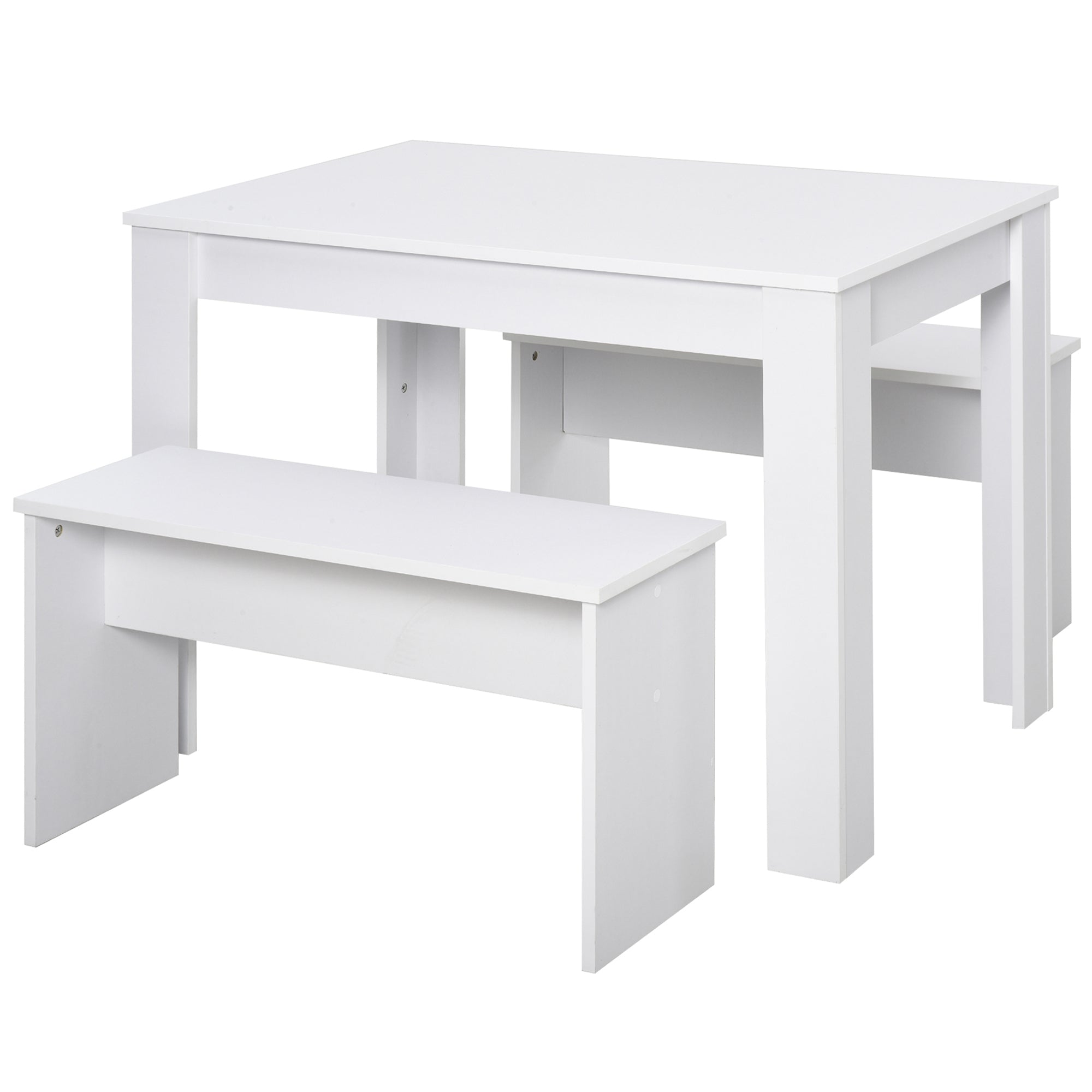 HOMCOM Kitchen Dining Table and 2 Benches Set, Table and Chairs Set for Limited Space, White - North Peak Garden Furniture