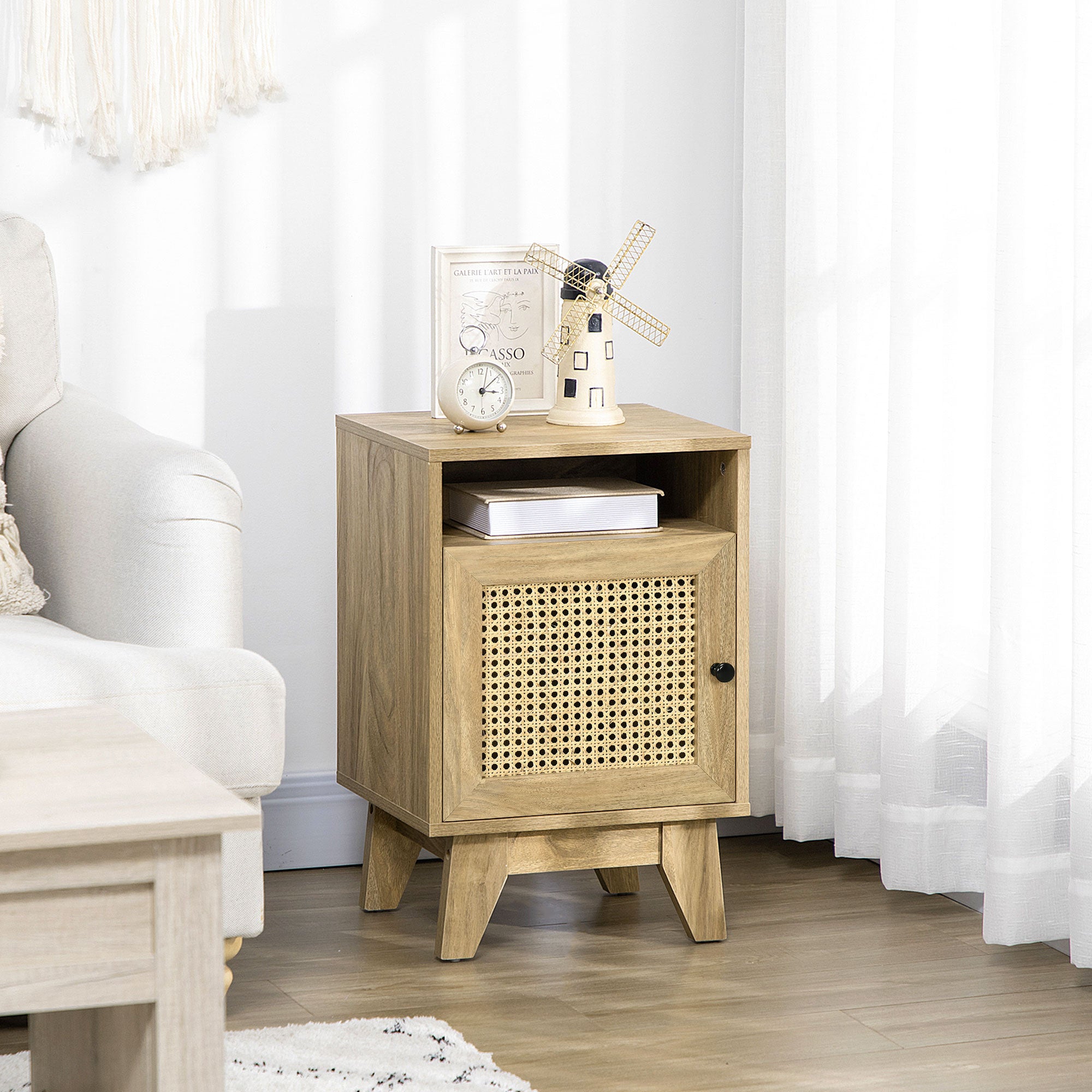 HOMCOM Bedside Table with Rattan Element, Side End Table with Shelf and Cupboard, 39cmx35cmx60cm, Natural - North Peak Garden Furniture