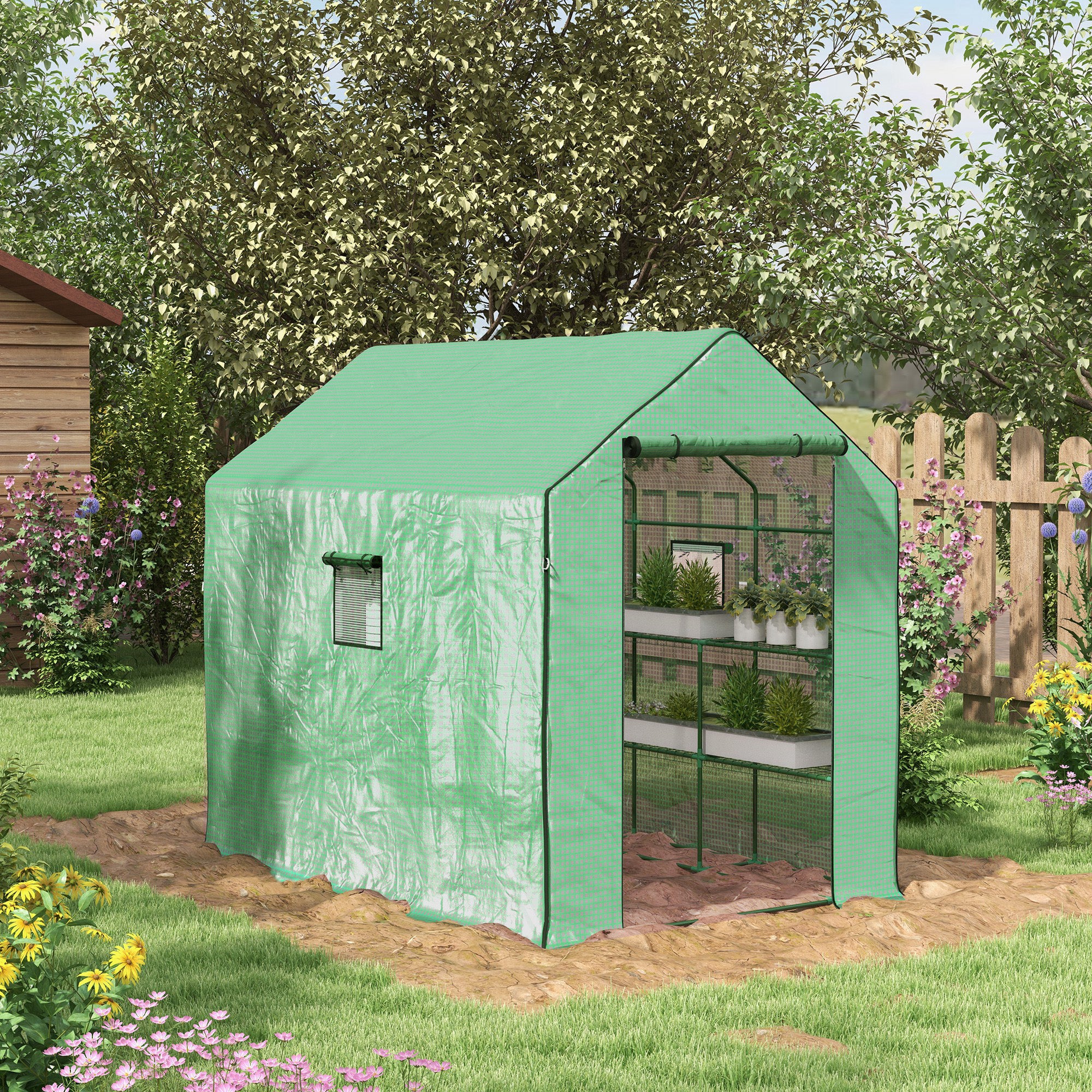 Outsunny Walk-in Greenhouse with 3 Tier Shelves, Outdoor Green House Garden Grow House with Reinforced PE Cover, Roll-up Door and Mesh Windows, 140 x 213 x 190cm, Green - North Peak Garden Furniture