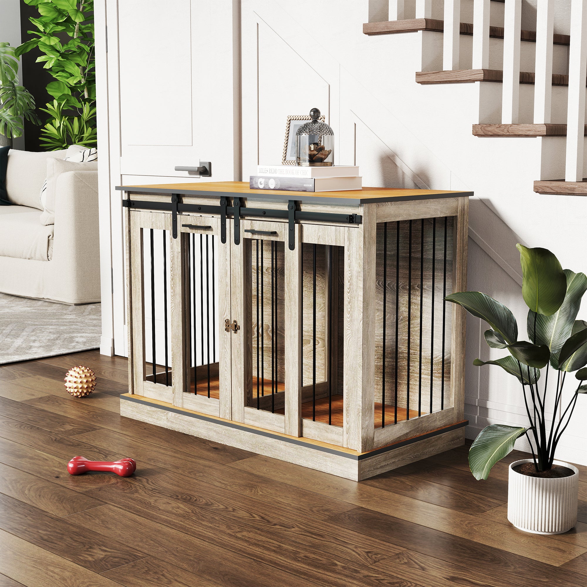 PawHut Dog Crate Furniture for Large Dogs, Double Dog Cage for Small Dogs, with Sliding Doors - Oak Tone - North Peak Garden Furniture