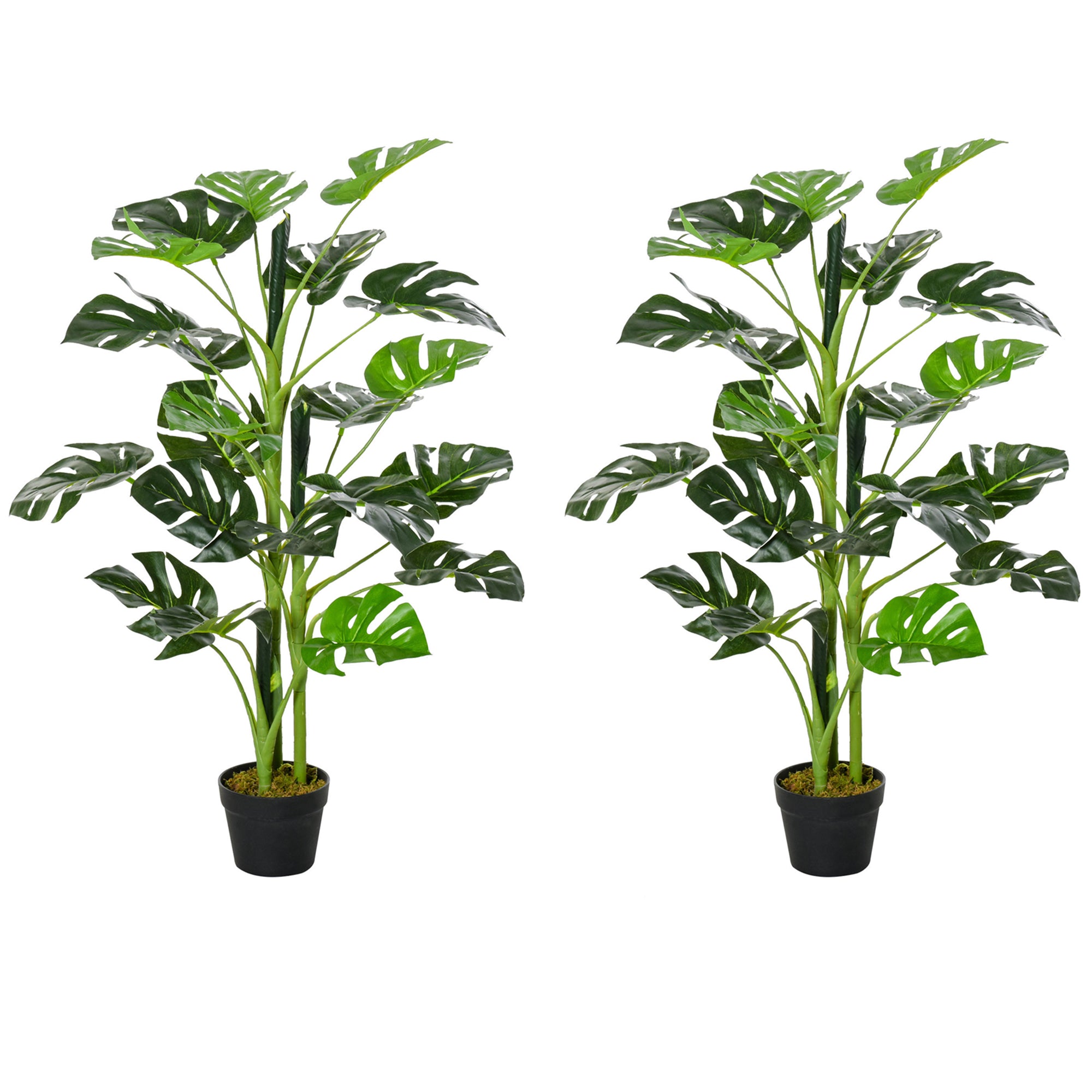 Outsunny 100cm/3.3FT Artificial Monstera Tree Decorative Cheese Plant 21 Leaves with Nursery Pot, Fake Tropical Palm Tree for Indoor Outdoor Décor, Set of 2 - North Peak Garden Furniture