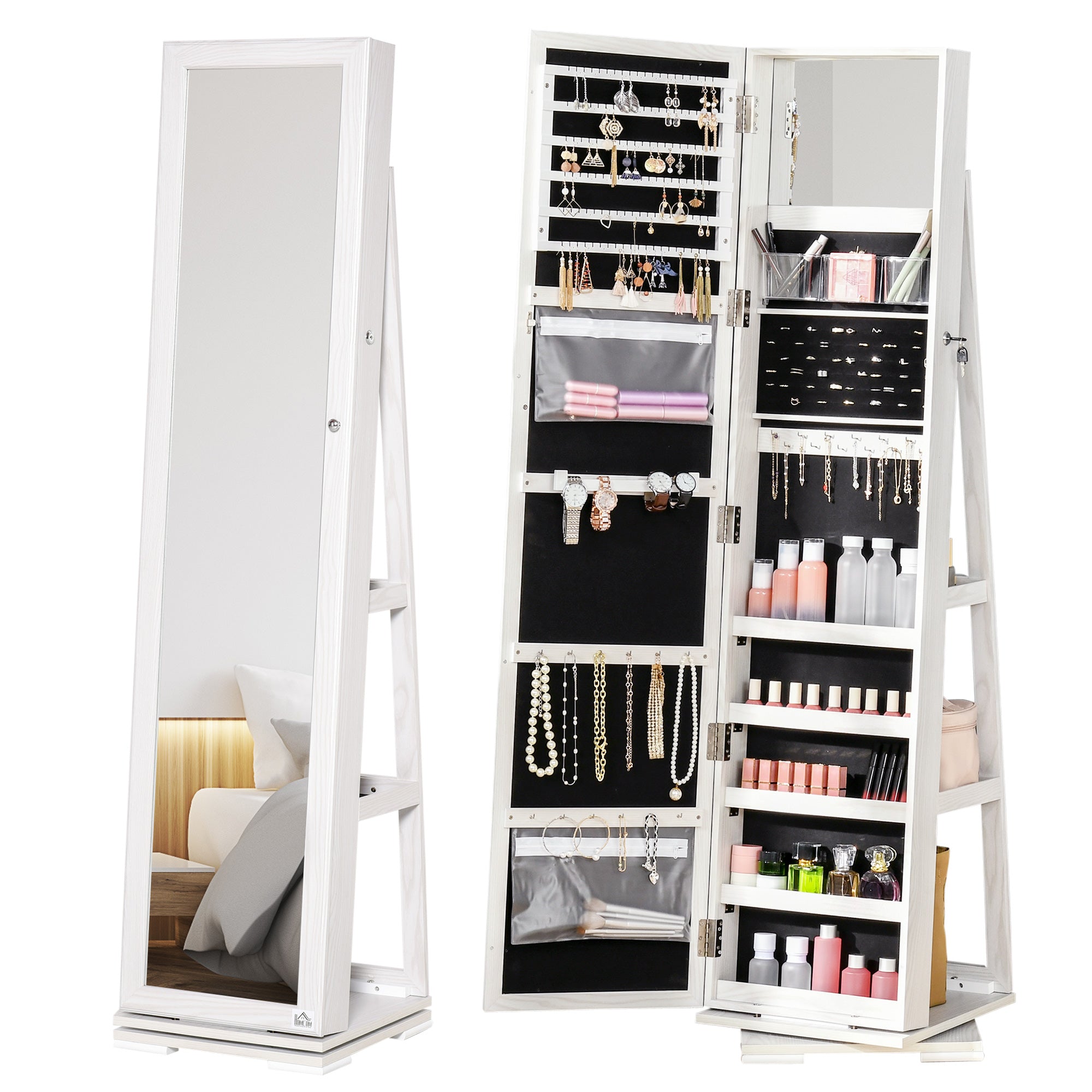HOMCOM 360° Swivel Jewellery Cabinet, Mirror Armoire, Full Length Mirror, Lockable Jewellery Organizer with Built-In Small Mirror, White - North Peak Garden Furniture