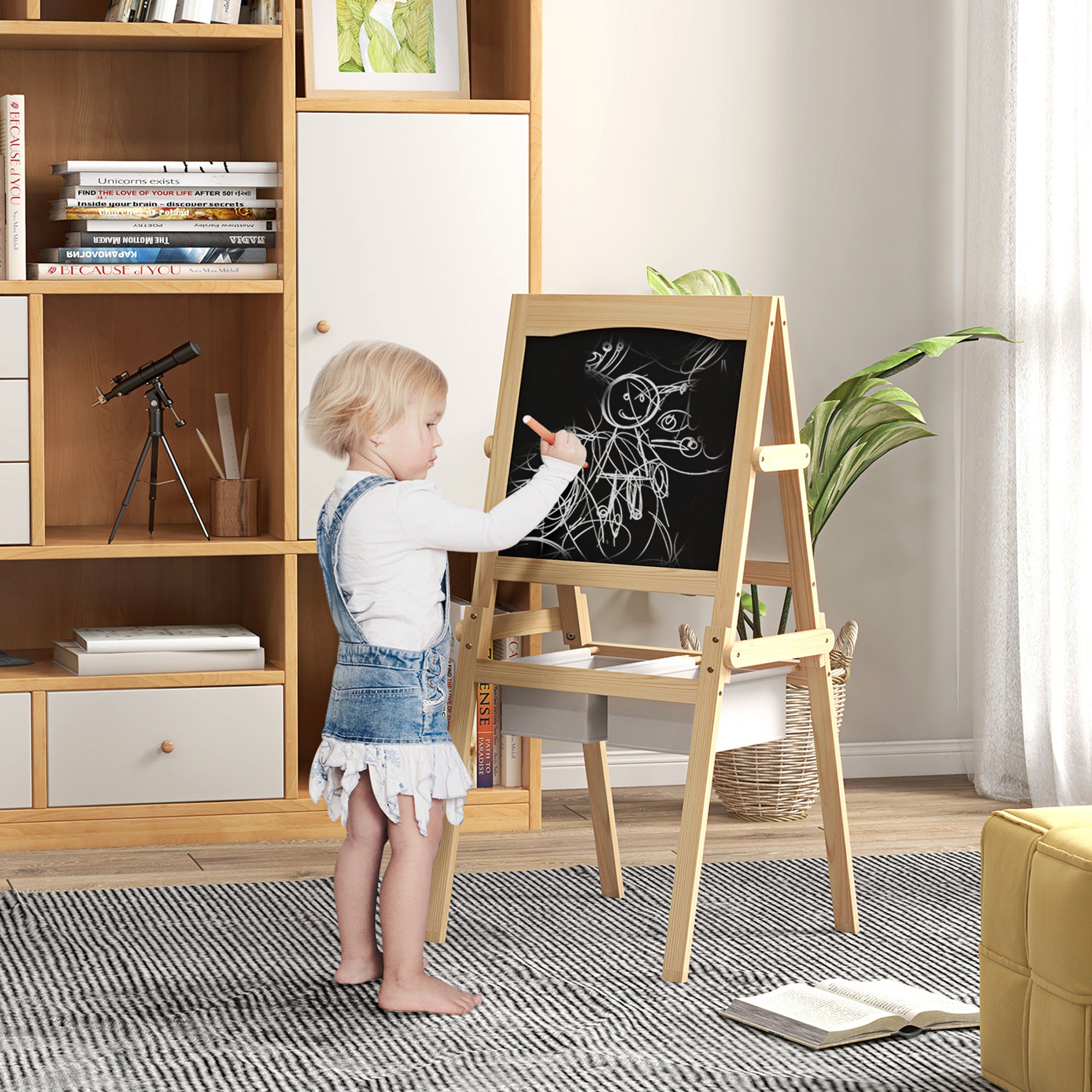 AIYAPLAY Kids Easel with Paper Roll, 3 in 1 Art Easel for Toddlers, Double-Sided Kids Whiteboard Blackboard with Storage Baskets for Ages 3-6 Years - Natural Wood Finish - North Peak Garden Furniture
