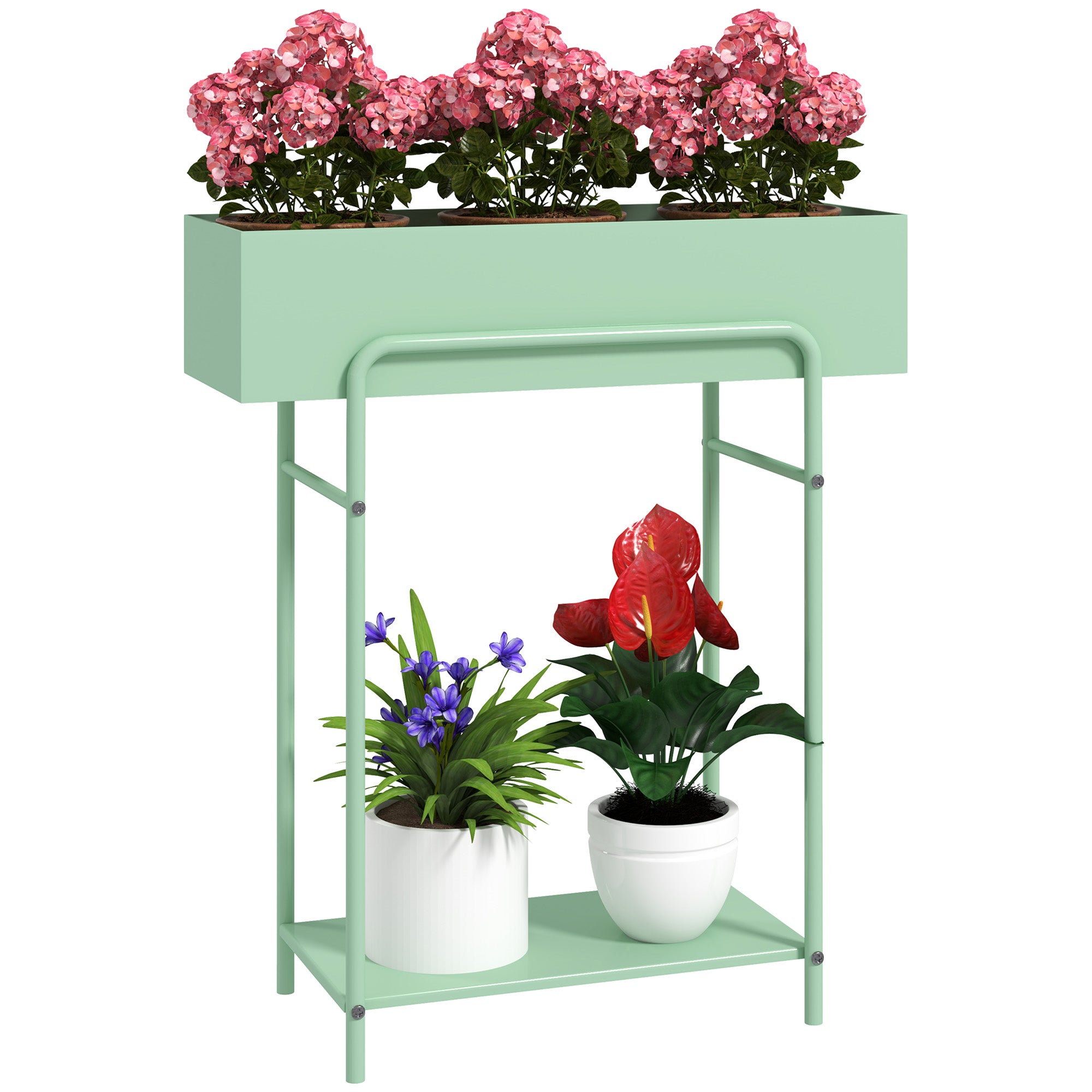 Outsunny 2 Tier Plant Stand, Metal Plant Rack Shelf with Drain Holes, Floor-standing Flower Pot Stand for Indoor Outdoor Garden Patio Balcony Living Room, Green - North Peak Garden Furniture