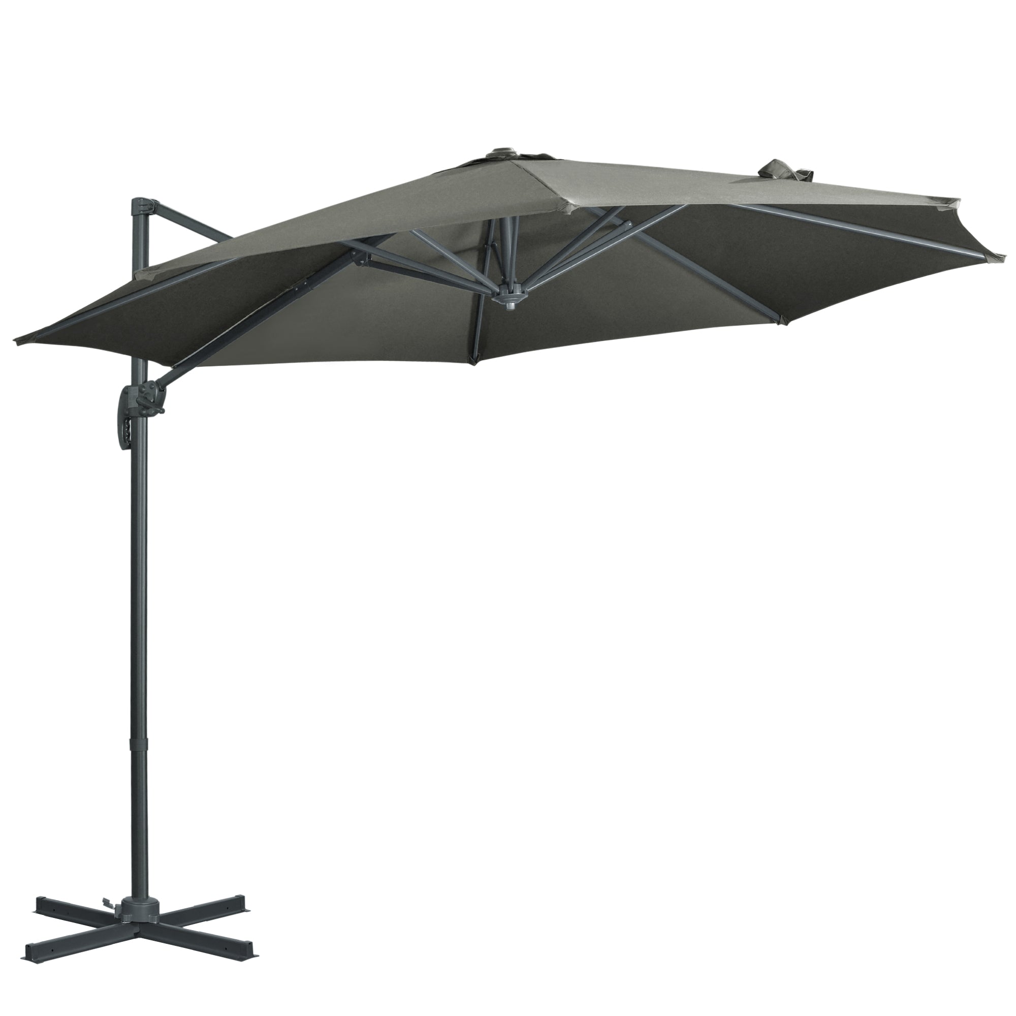Outsunny 3 x 3(m) Cantilever Parasol with Cross Base, Garden Umbrella with 360° Rotation, Crank Handle and Tilt for Outdoor, Patio, Grey - North Peak Garden Furniture