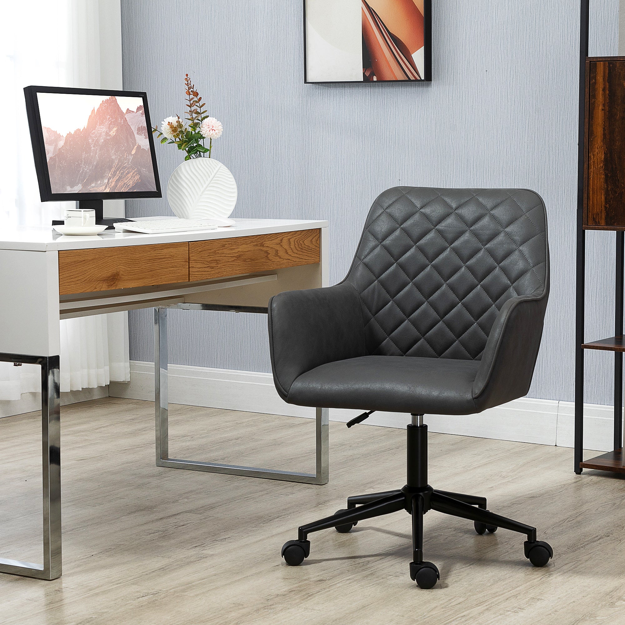 Vinsetto Office Desk Chair, Leather-Feel Fabric Computer Swivel Chair with Rolling Wheels and Adjustable Height for Home, Grey - North Peak Garden Furniture