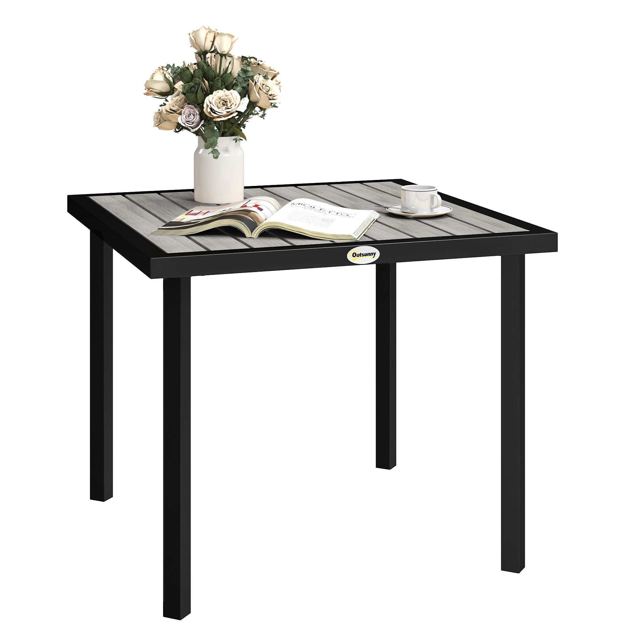 Outsunny Square Garden Dining Table with 5.4cm Parasol Hole, Slatted Top, Metal Frame, 86 x 86 x 71 cm, Light Grey - North Peak Garden Furniture
