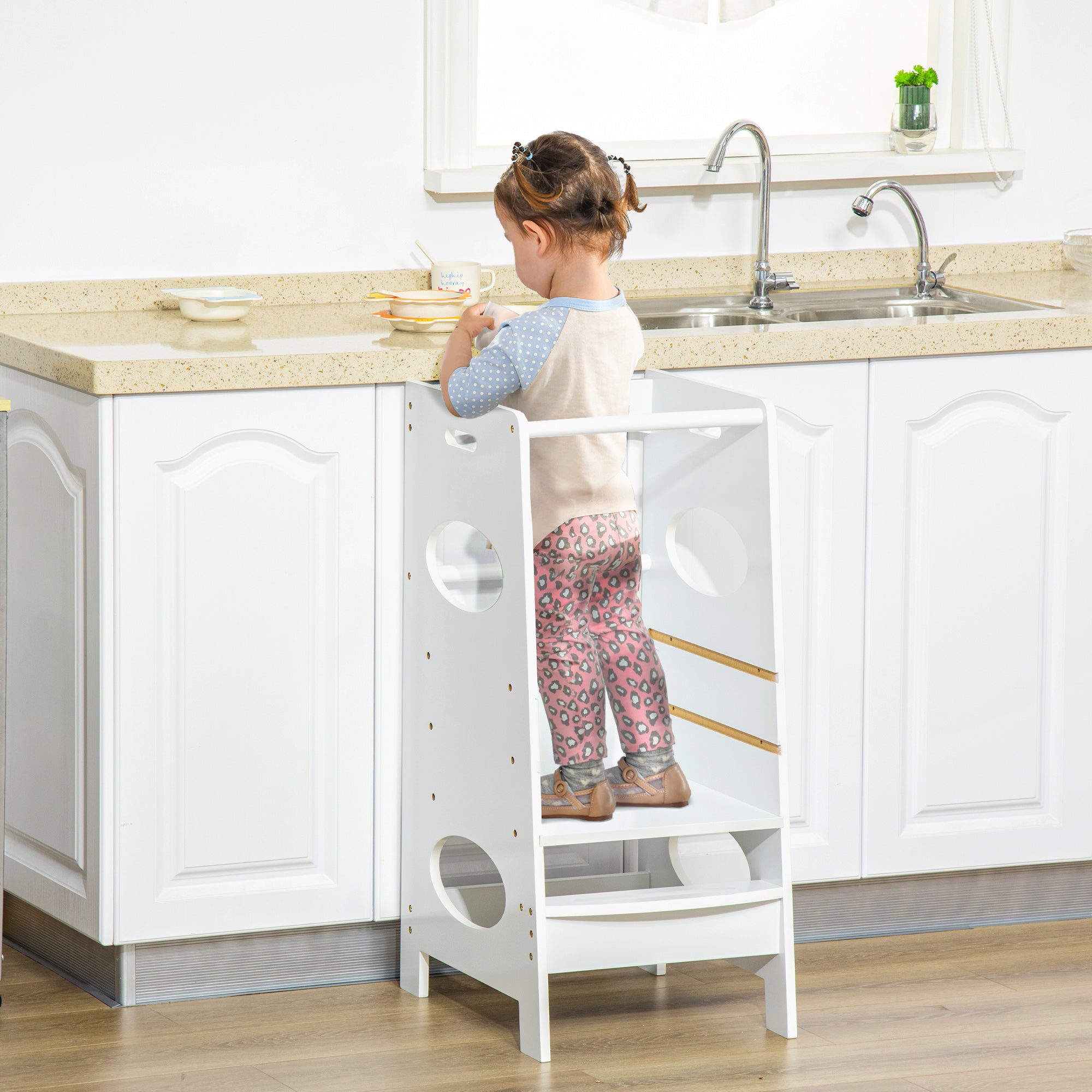 HOMCOM Toddler Step Stool Kids Adjustable Standing Tower with Safety Rail for Kitchen Counter White - North Peak Garden Furniture