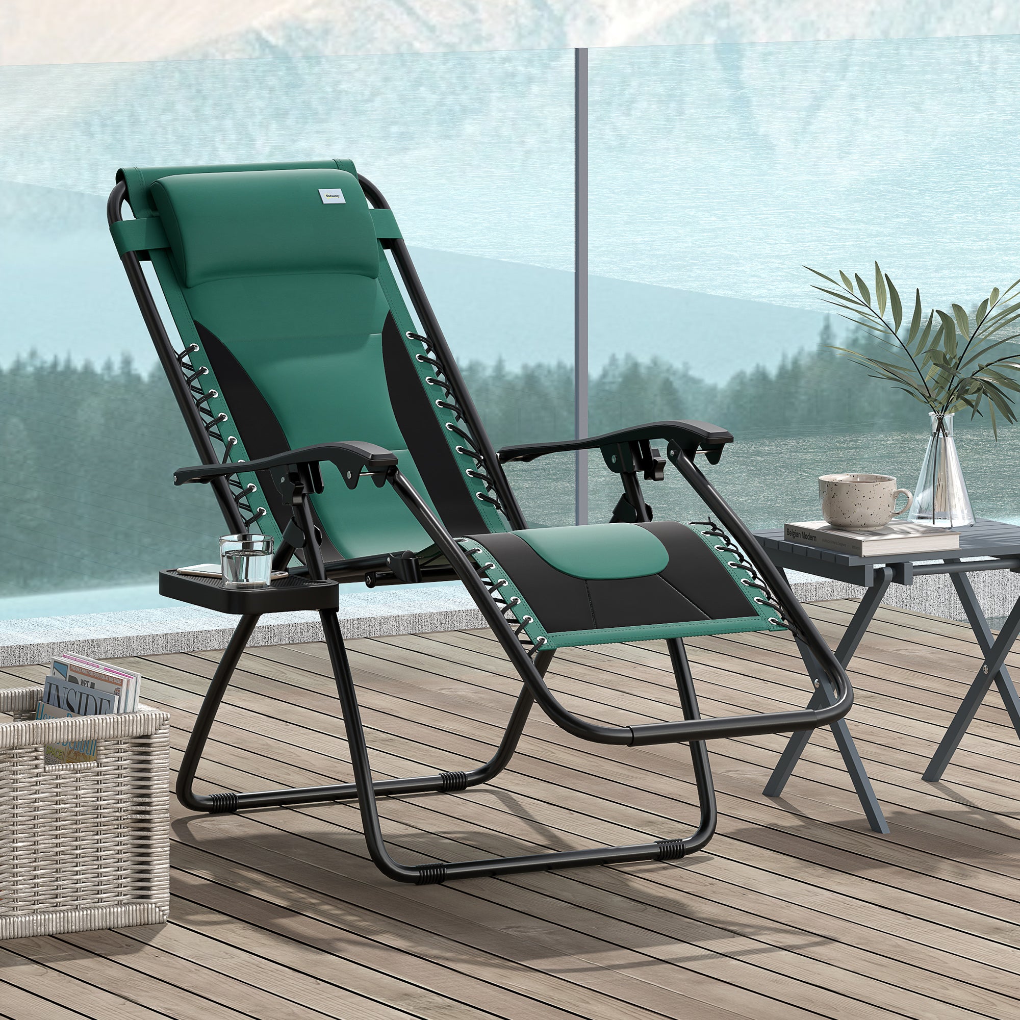 Outsunny Zero Gravity Lounger Chair, Folding Reclining Patio Chair with Padded Seat, Cup Holder, Soft Cushion and Headrest for Poolside, Camping, Green - North Peak Garden Furniture