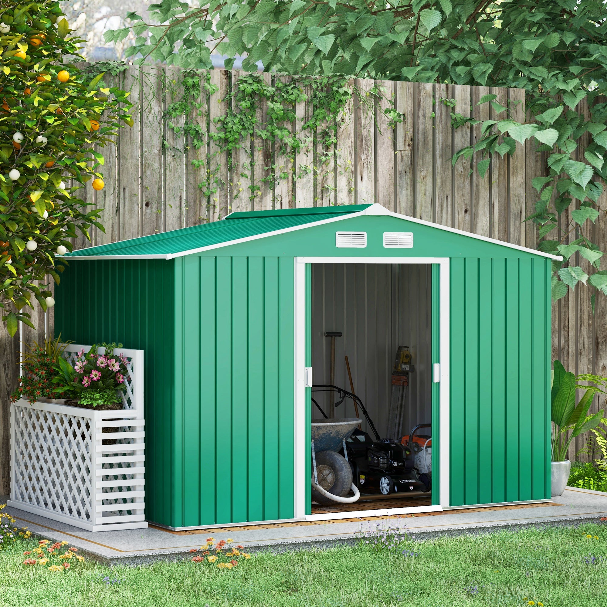Outsunny 9 x 6ft Metal Garden Shed, Outdoor Storage Tool House with Ventilation Slots, Foundation Kit and Lockable Double Doors, Green - North Peak Garden Furniture