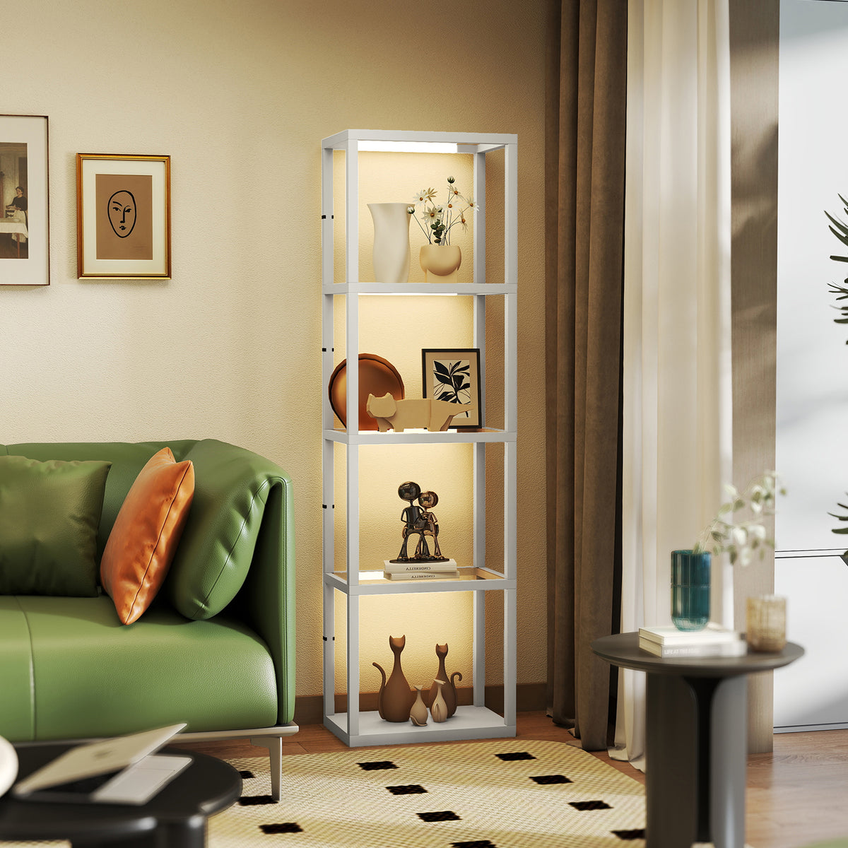 HOMCOM LED Floor Lamp with Glass Shelves, 4 Layers Dimmable Tall Standing Lamp, Modern Column Shelf Floor Light for Living Room, Bedroom, Office, Grey