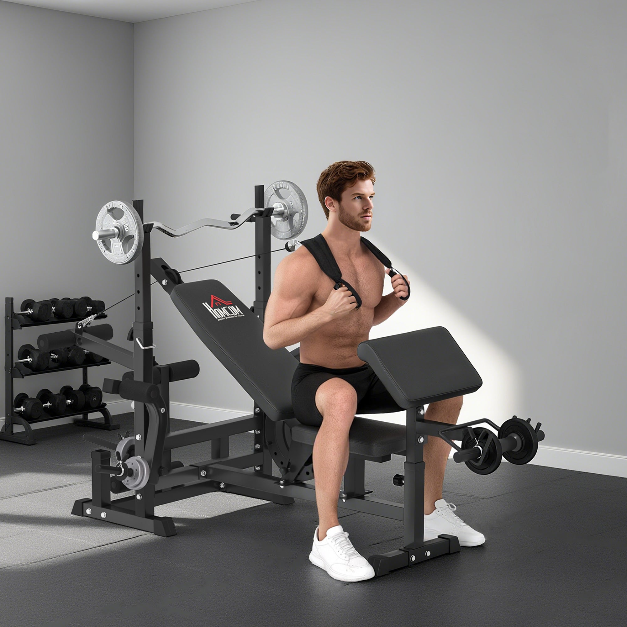 HOMCOM Multi-Exercise Full-Body Weight Rack with Bench Press, Leg Extension, Chest Fly Resistance Band & Preacher Curl