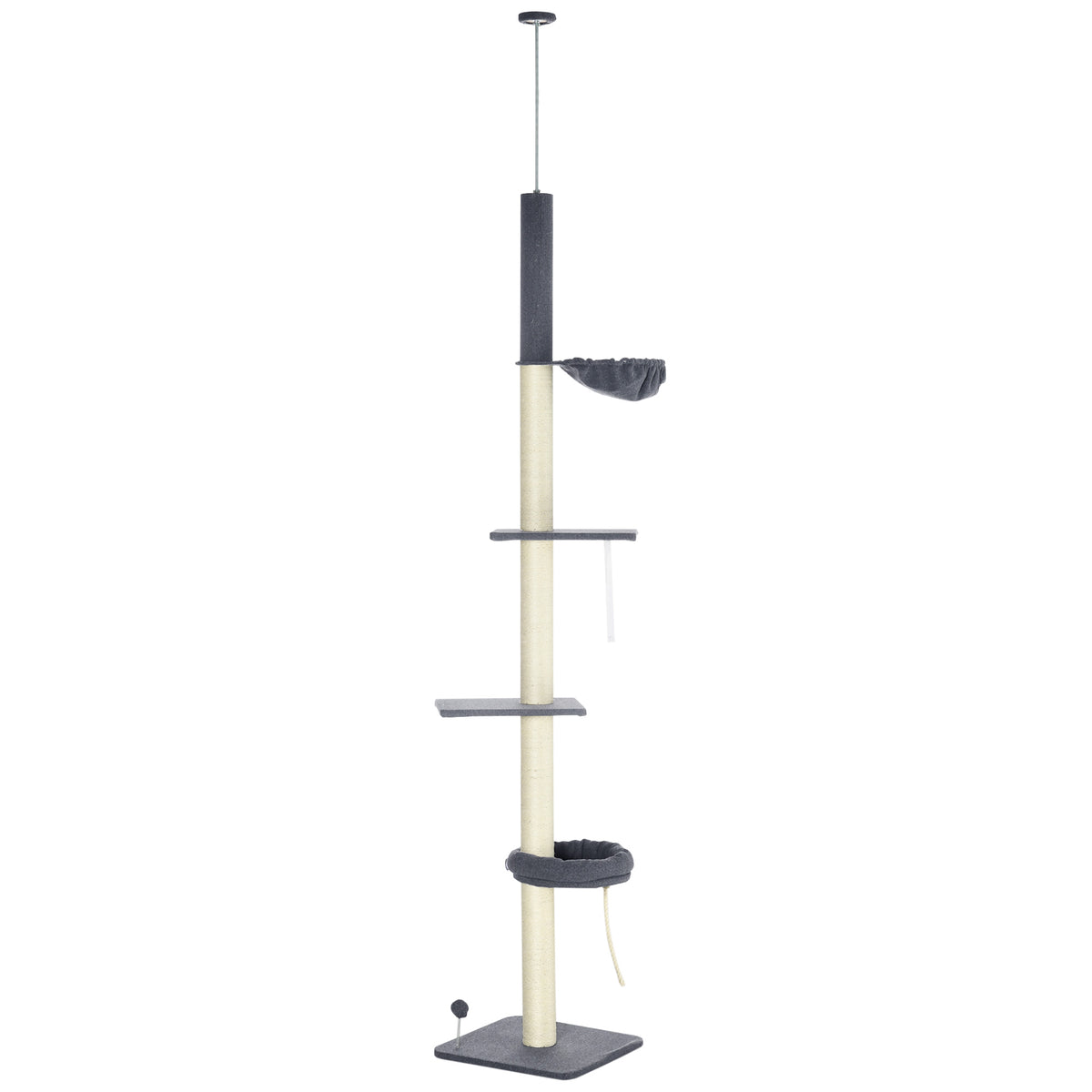 PawHut 240-270cm Floor-To-Ceiling Cat Tree, 5 Tier Cat Climbing Tower, with Bed, Hammock, Platforms, Black and Cream