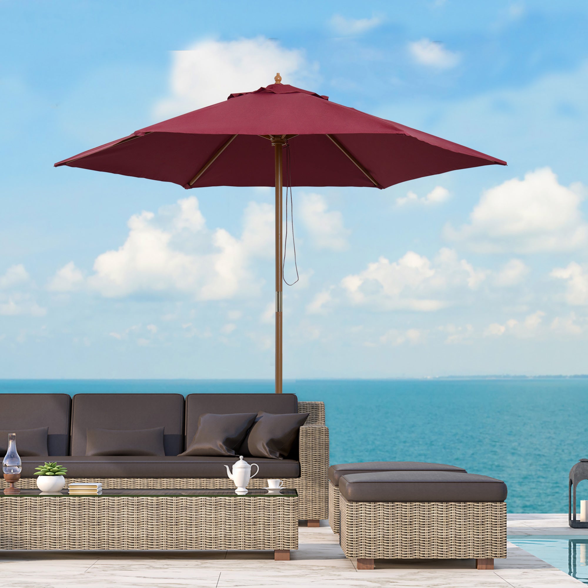 Outsunny 2.5m Wood Garden Parasol Sun Shade Patio Outdoor Wooden Umbrella Canopy Wine Red - North Peak Garden Furniture