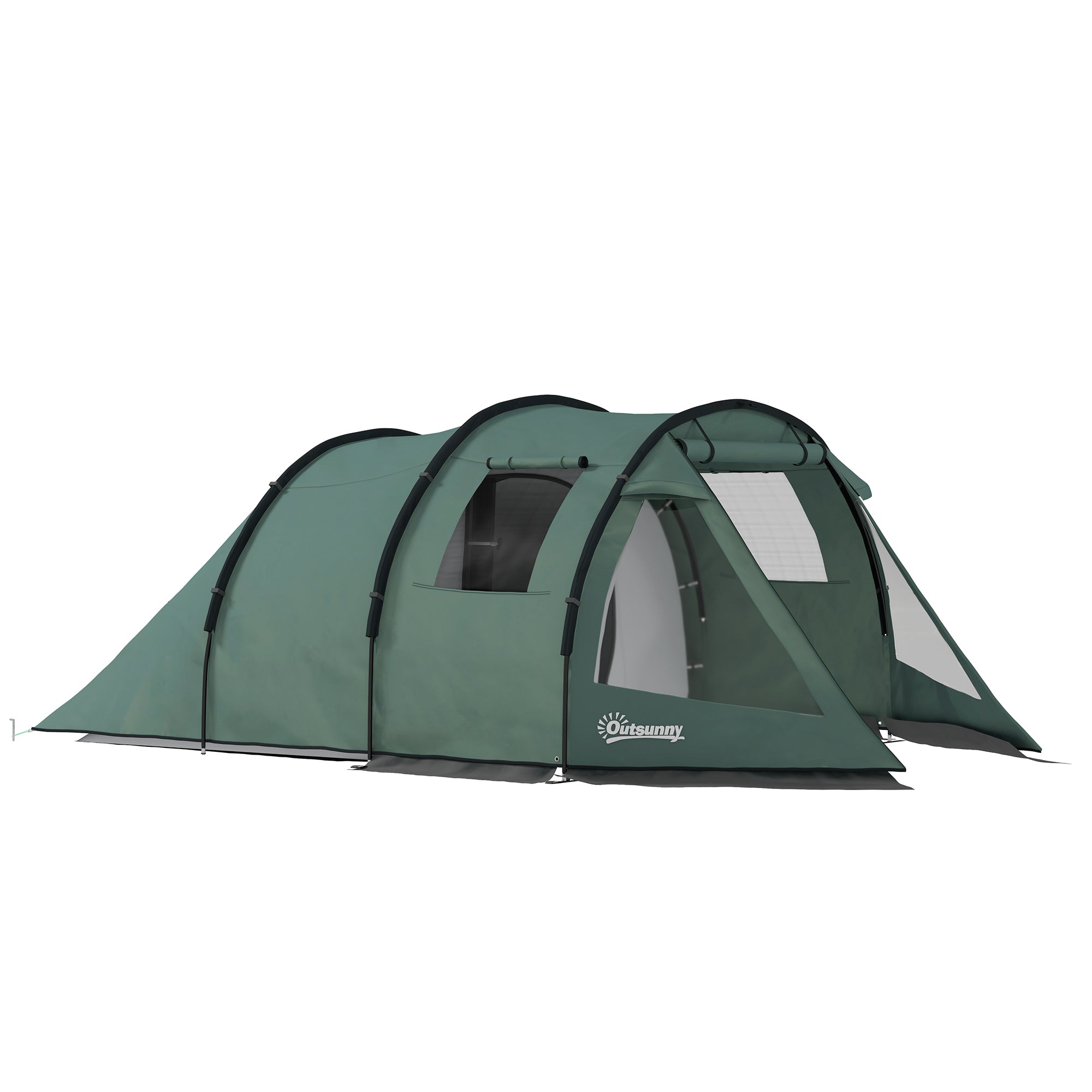 Outsunny Two Room Tunnel Tent Camping Tent for 3-4 Man with Windows, Covers, Carry Bag, for Fishing, Hiking, Sports, Green - North Peak Garden Furniture
