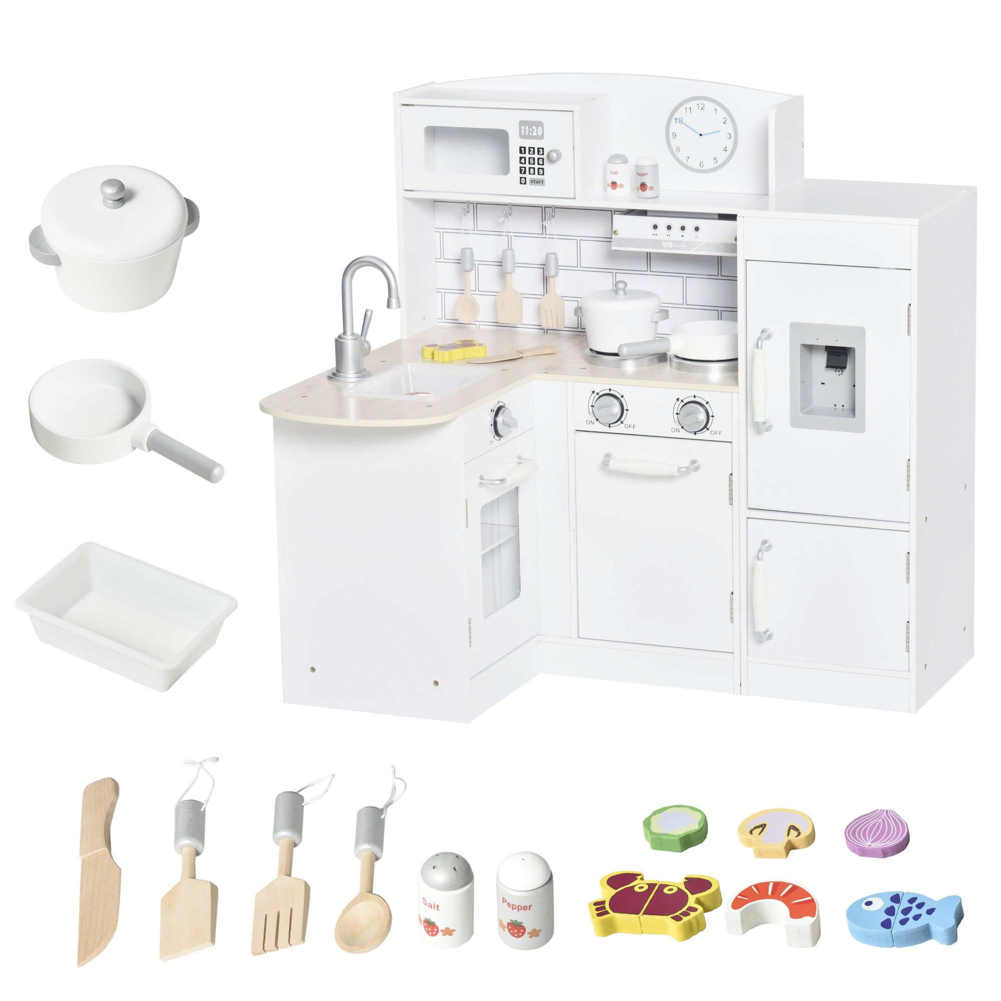 HOMCOM Kids Play Kitchen Wooden Toy Kitchen Cooking Set for Children with Drinking Fountain, Microwave, and Fridge White - North Peak Garden Furniture
