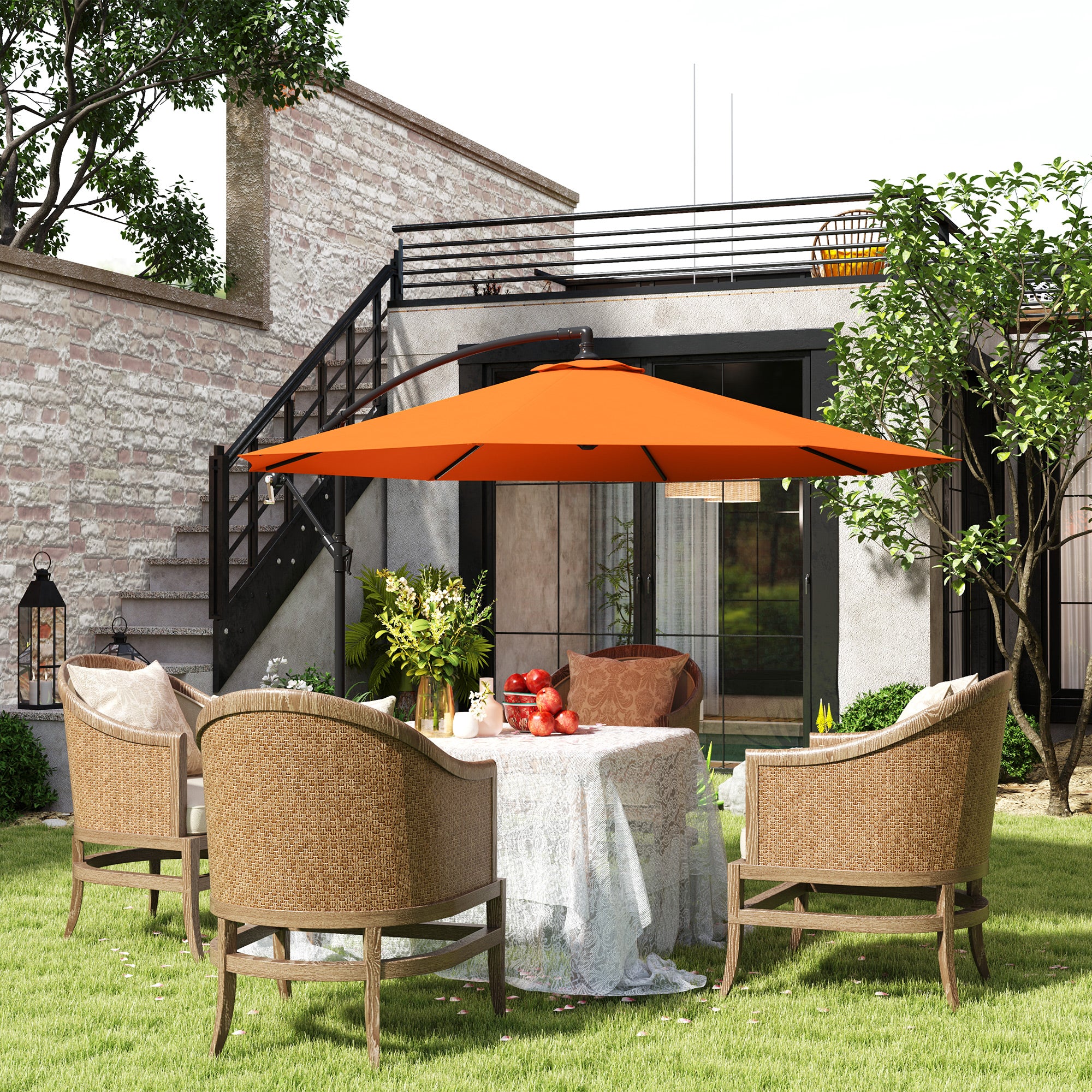 Outsunny 3(m) Overhanging Parasol, with Base - Orange - North Peak Garden Furniture