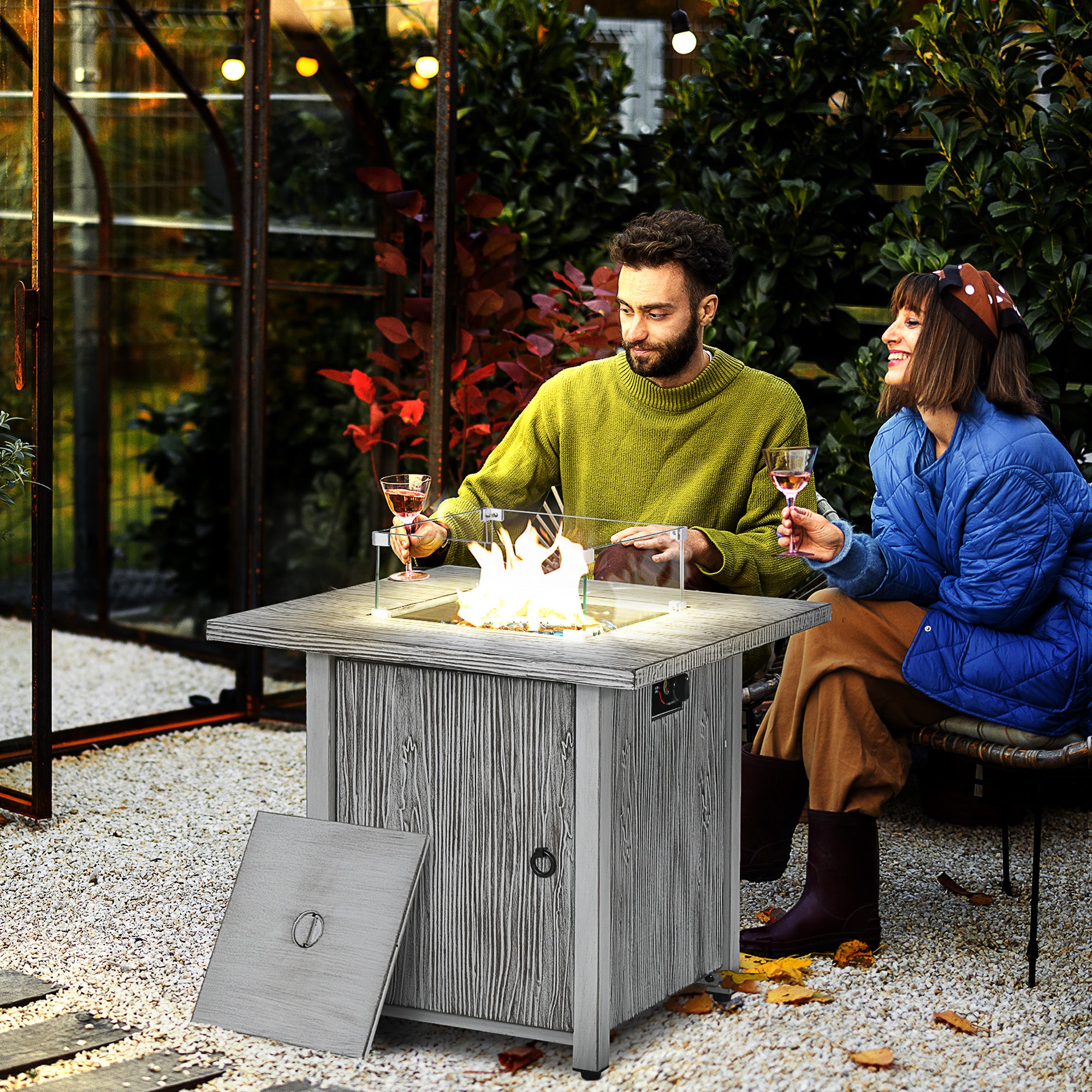 Outsunny 71cm 50,000 BTU Gas Fire Pit Table with Cover and Glass Screen - Grey - North Peak Garden Furniture