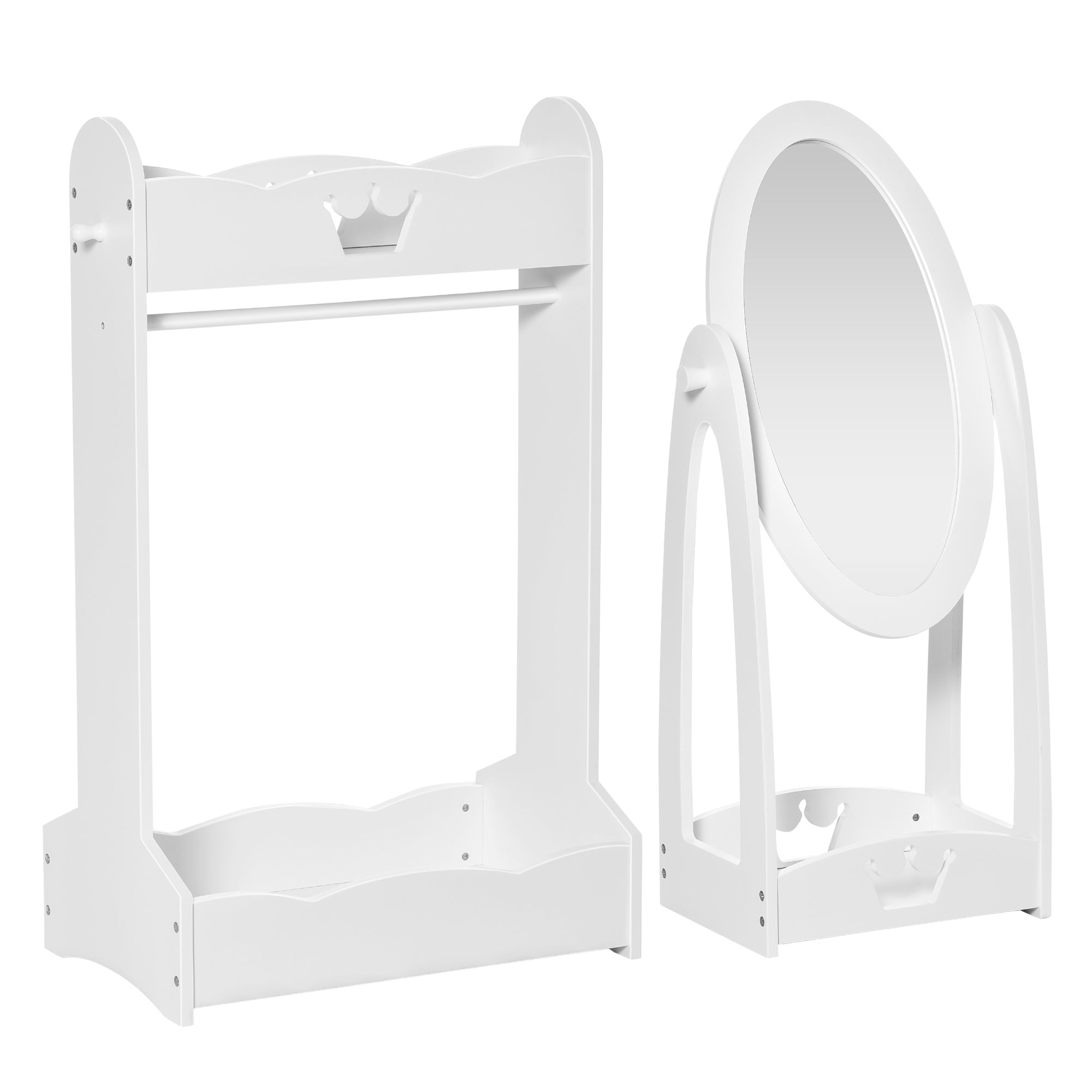 HOMCOM Kids Clothes Rail and Mirror Set 360° Rotation Free Standing Full Length Mirror and Hanging Rack with Storage Shelves Child's Dressing Mirror Garment Wardrobe White - North Peak Garden Furniture